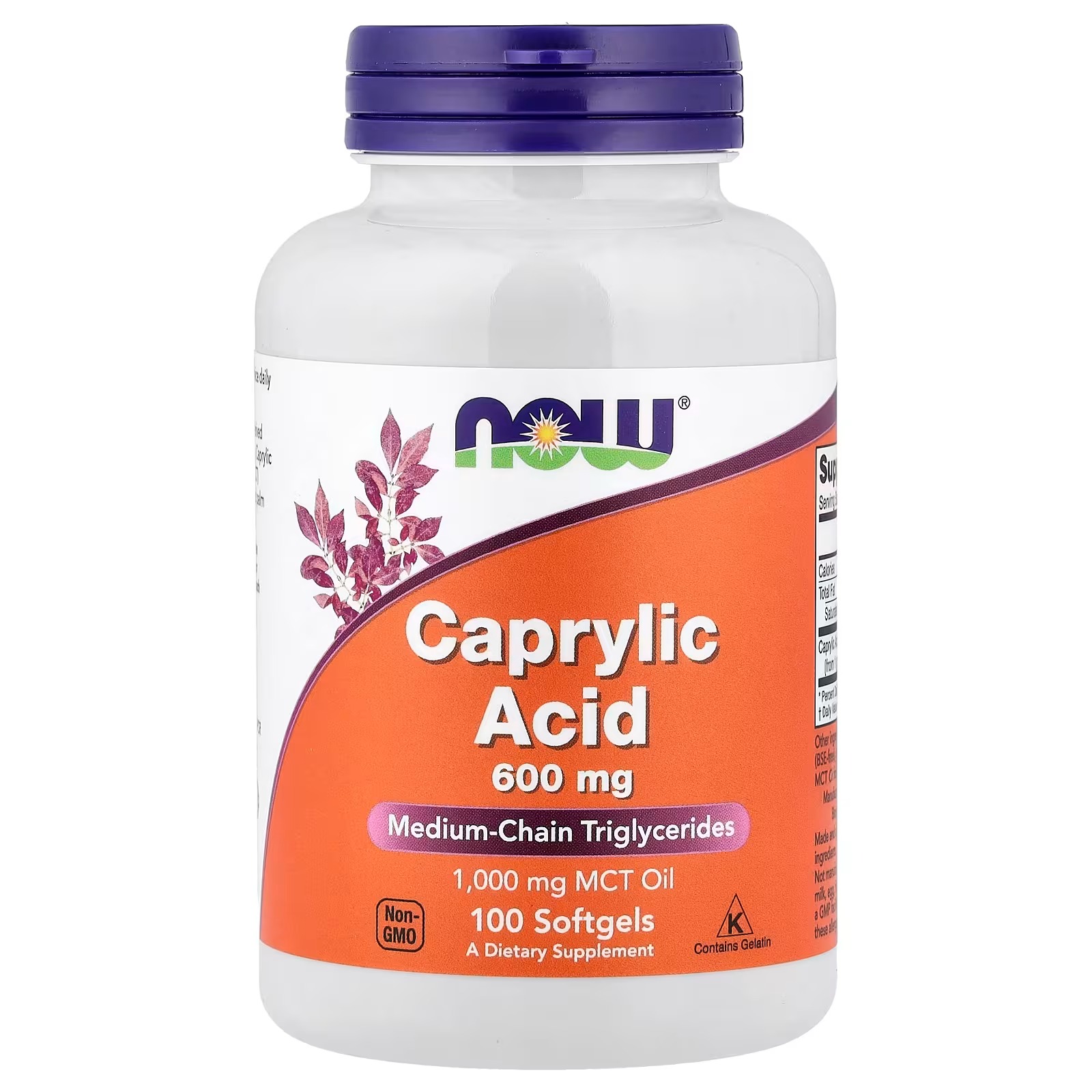 NOW Foods Caprylic Acid 600 mg Medium-Chain Triglycerides 100 Softgels