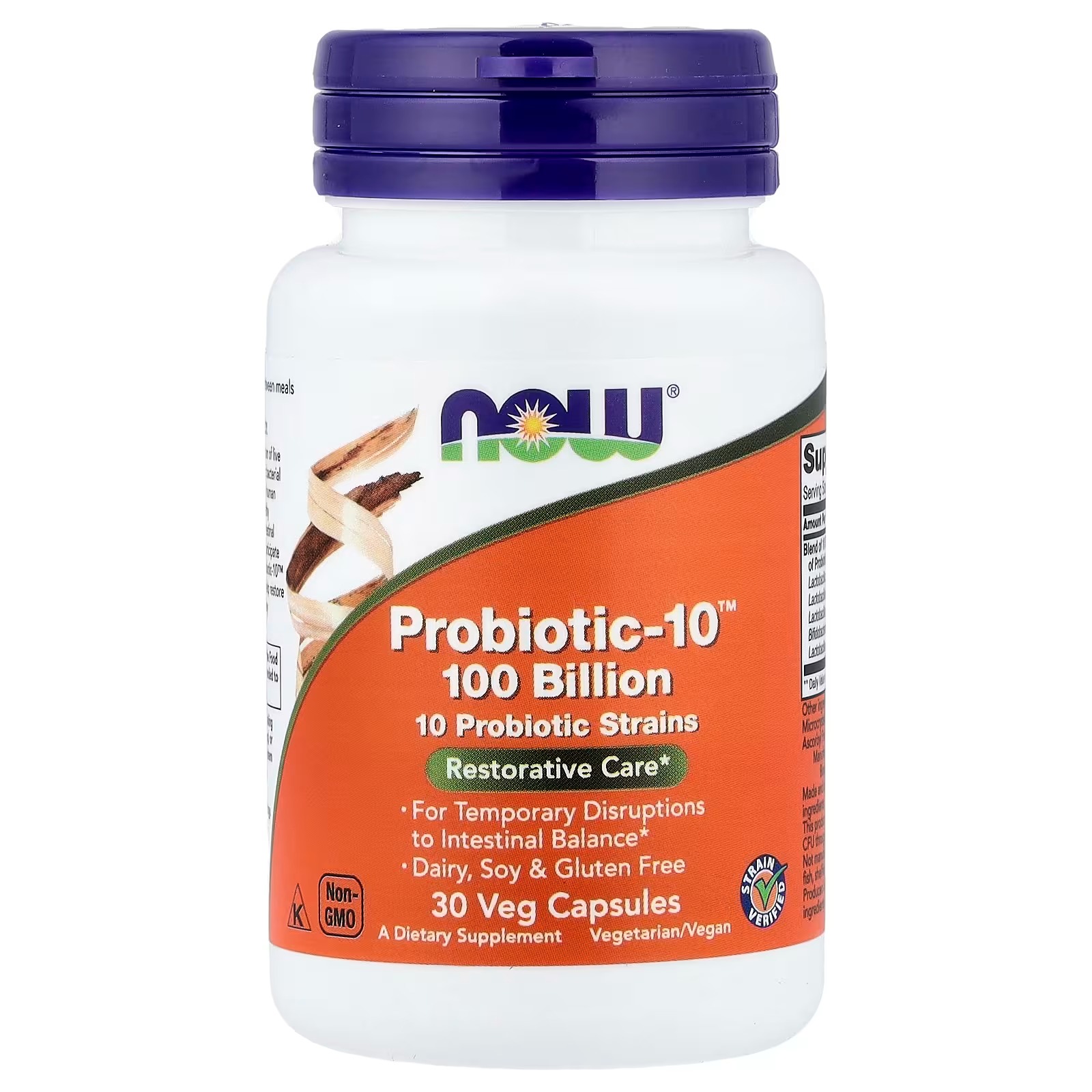 NOW Foods Probiotic-10™ 25 Billion with 10 Probiotic Strains Dairy Soy and Gluten Free Strain Verified 30 Capsules