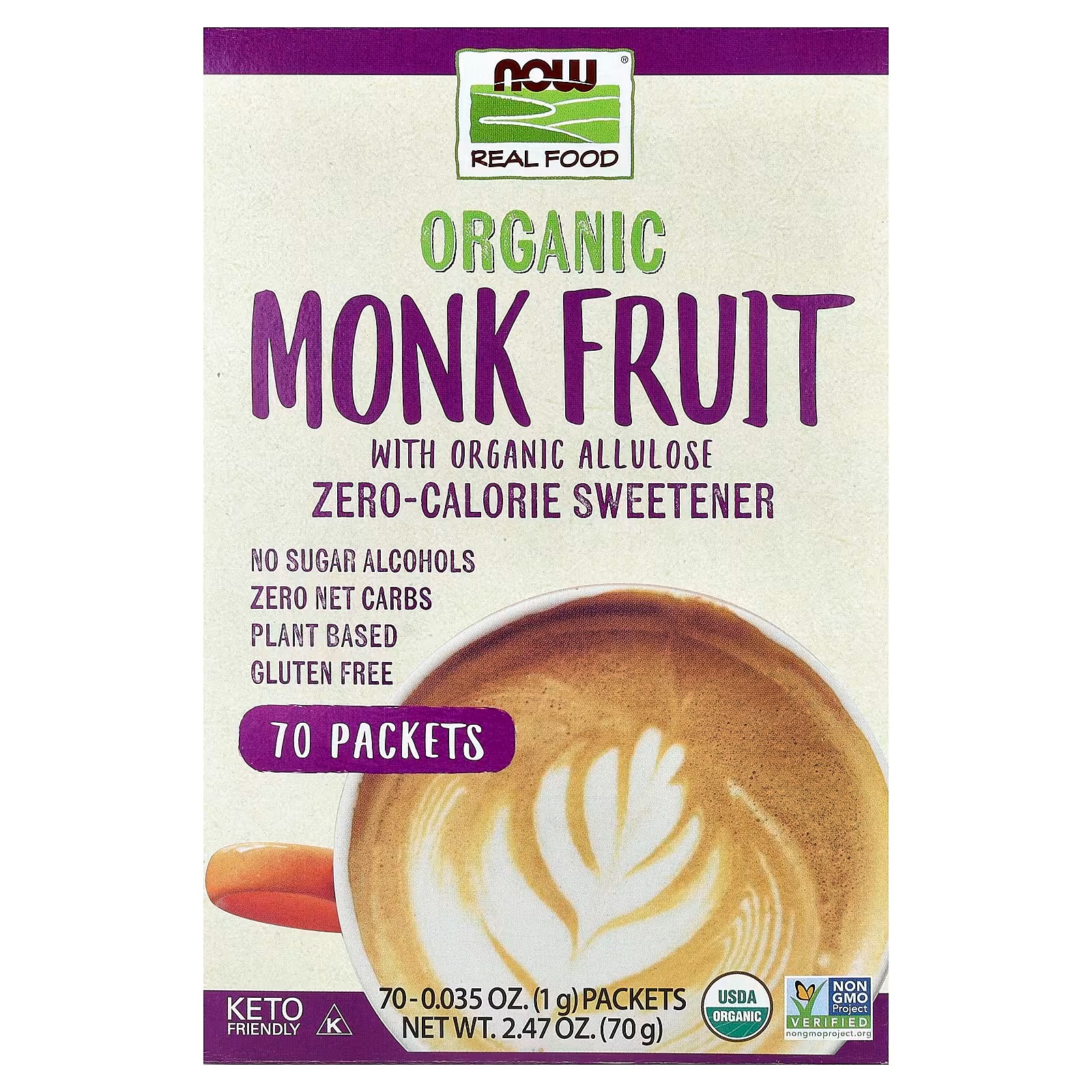 NOW Foods Organic Monk Fruit Zero-Calorie Sweetener 70 Packets (1 g)