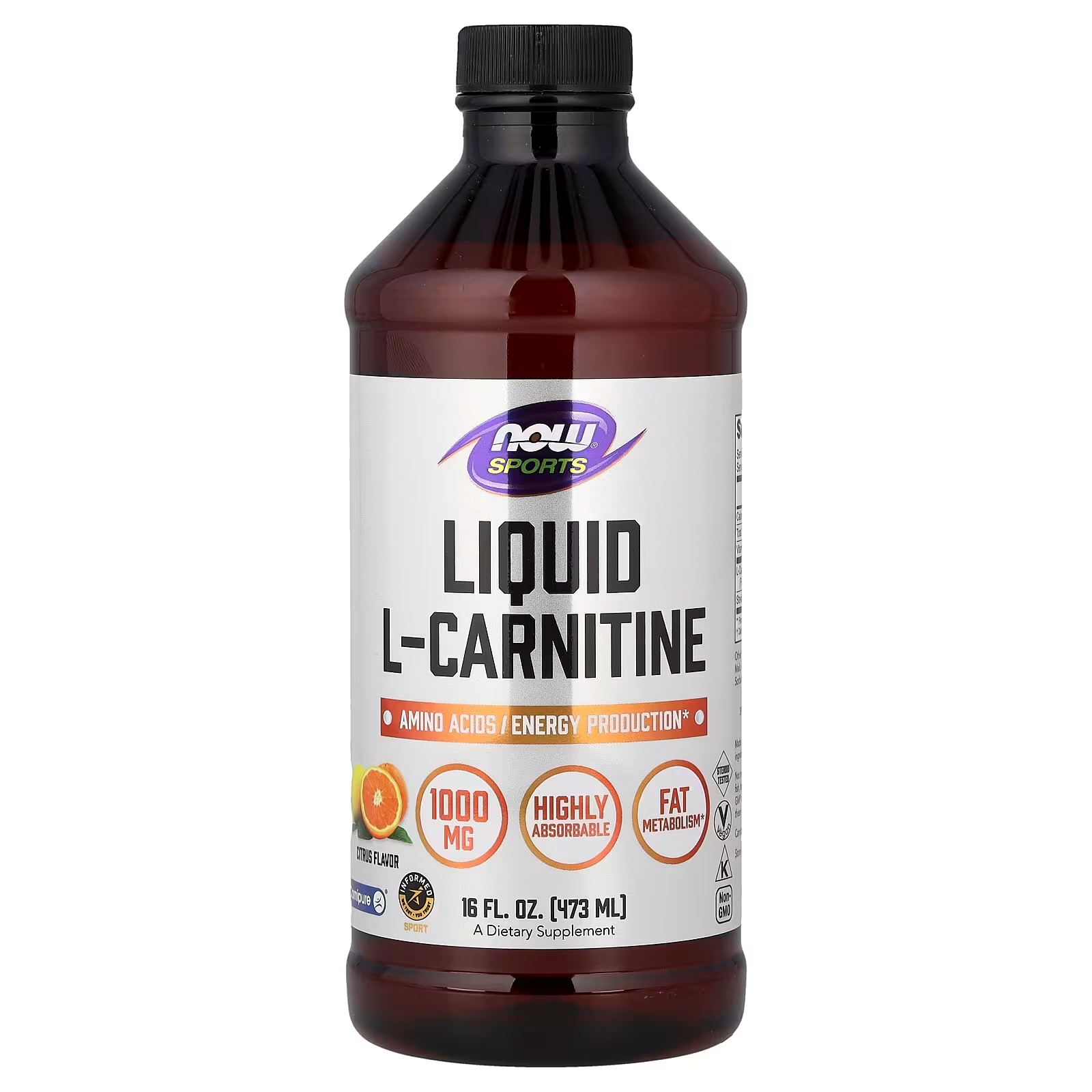 NOW Foods Sports Nutrition L-Carnitine Liquid 1000 mg Highly Absorbable  Citrus 473 ml