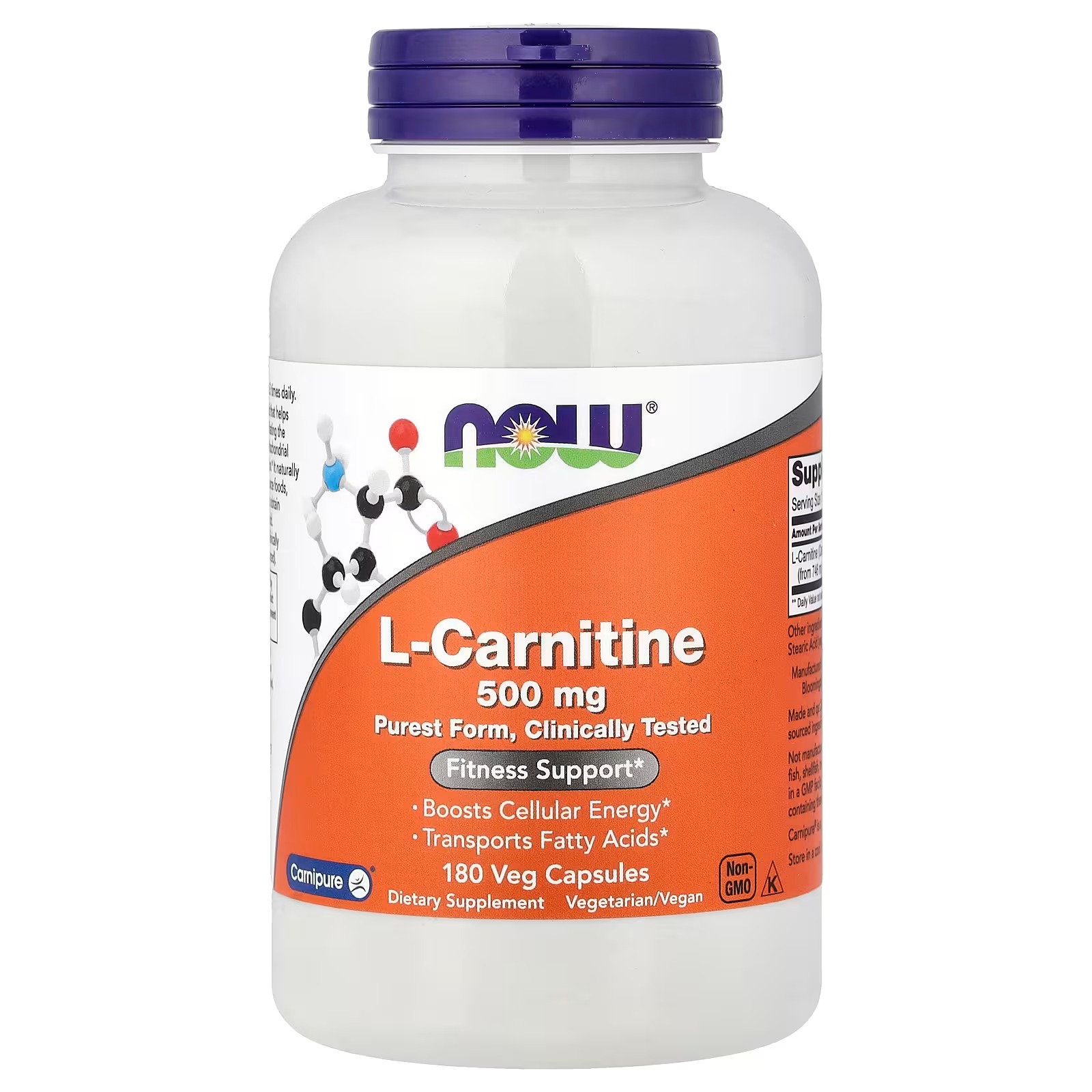 NOW Foods L-Carnitine 500mg Purest Form Amino Acid, Fitness Support 180 Veg Capsules