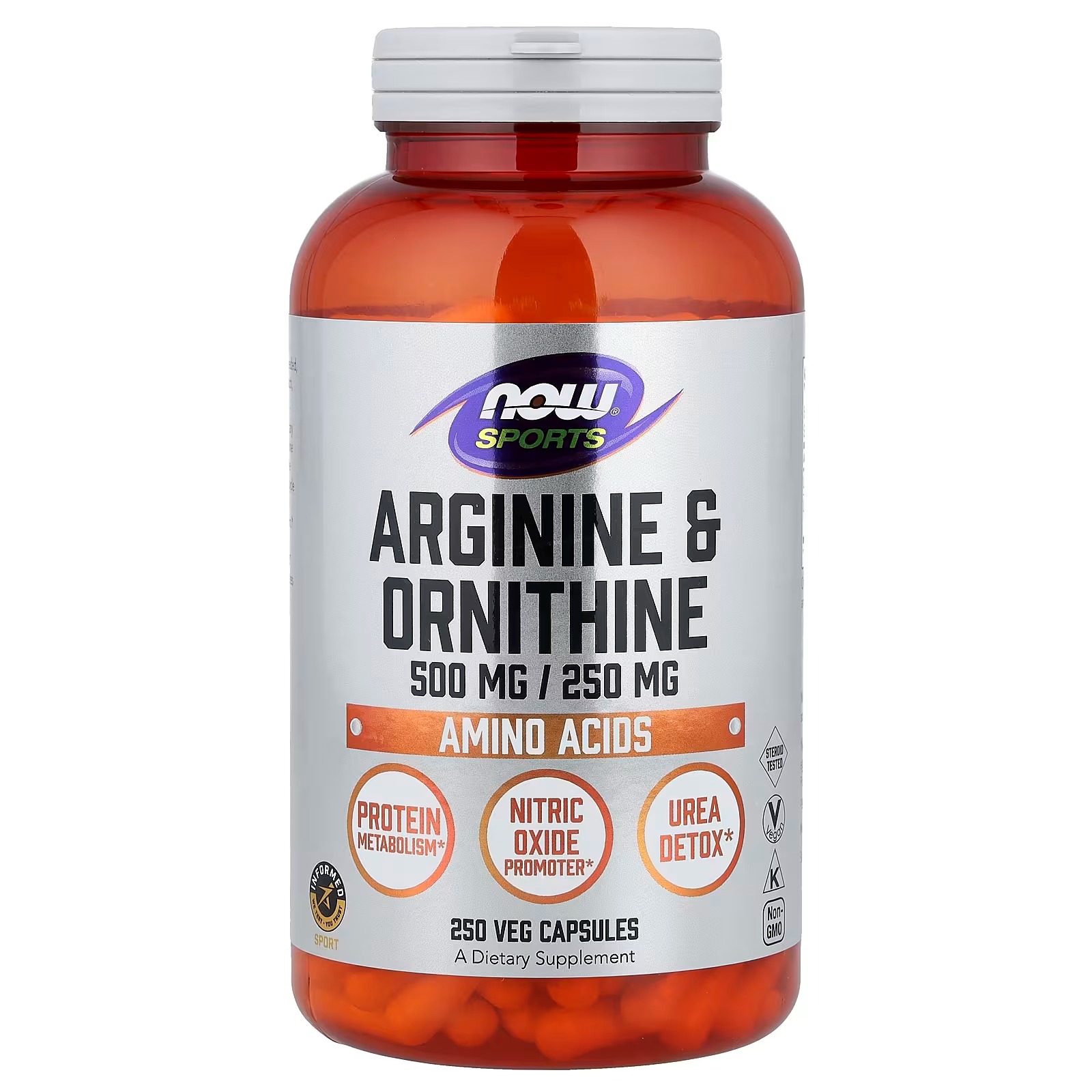 NOW Foods Sports Nutrition Arginine & Ornithine 500/250 mg Amino Acids 250 Veg Capsules