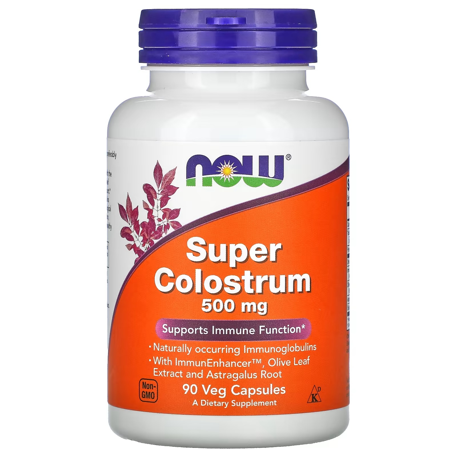 NOW Foods Super Colostrum 500 mg Naturally occurring Immunoglobulins with ImmunEnhancer™ Olive Leaf Extract and Astragalus Root 90 Capsules