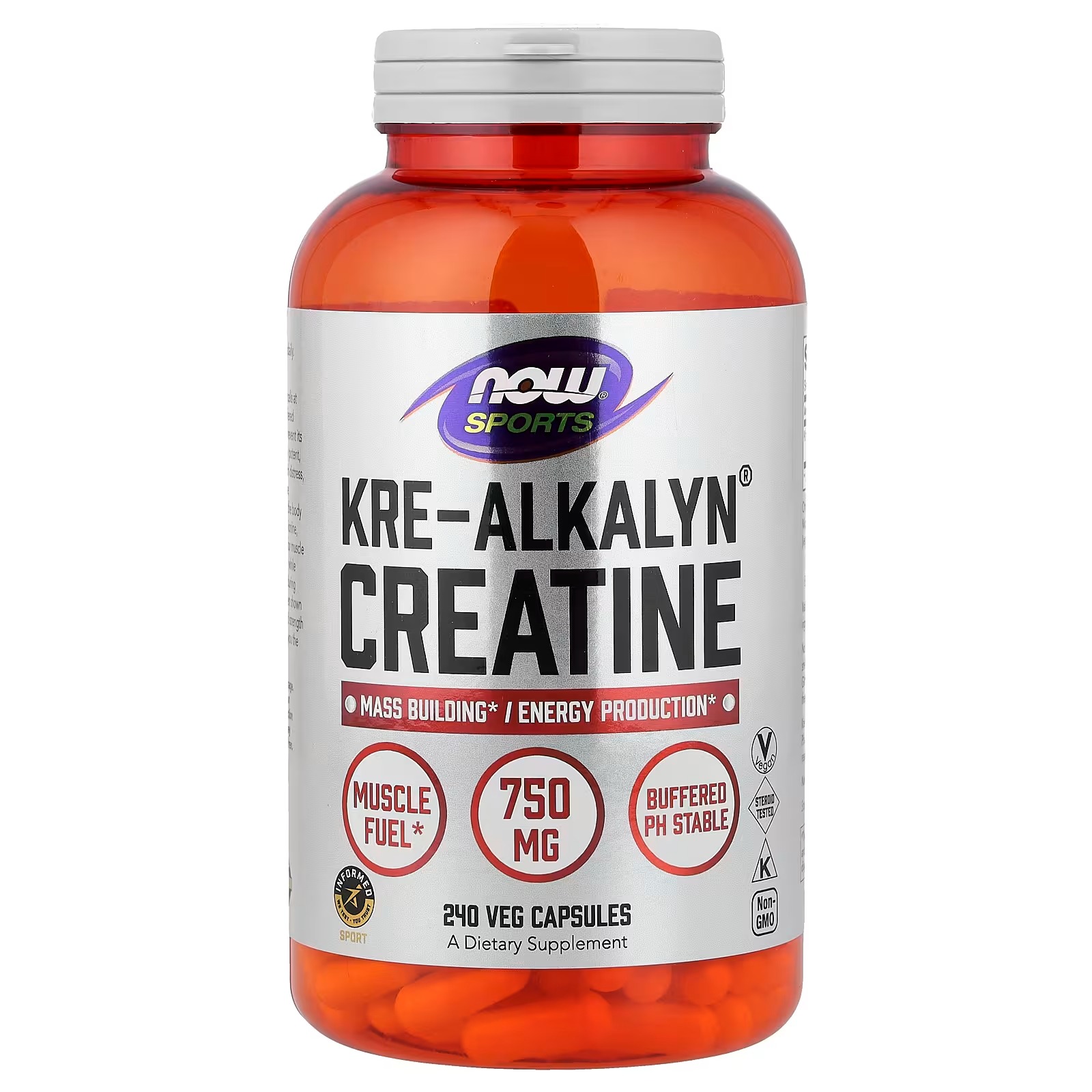NOW Foods Sports Nutrition Kre-Alkalyn Creatine 750 mg Mass Building Energy Production 240 Veg Capsules