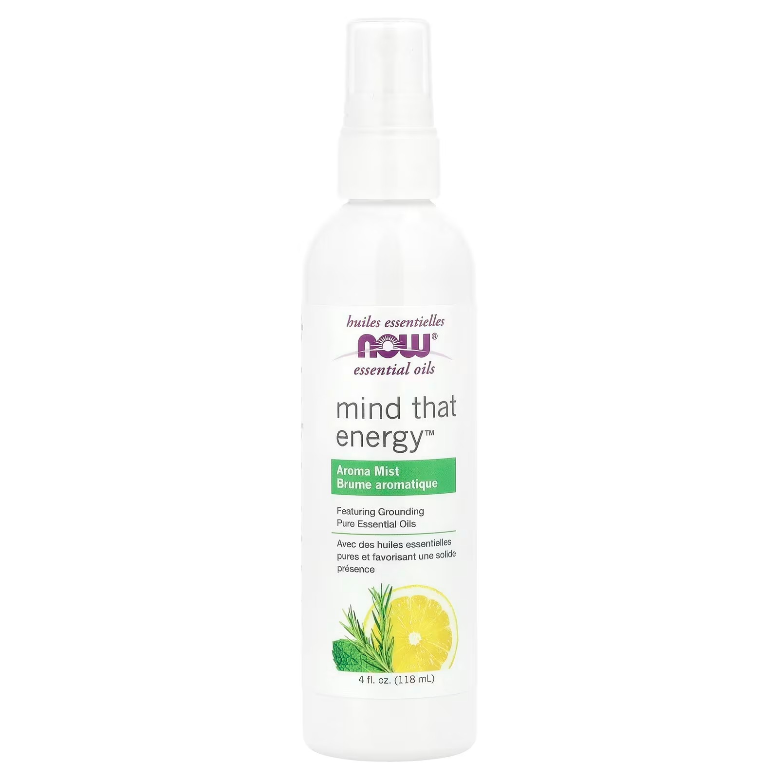 Now Foods Essential Oils Mind that Energy Aroma Mist 4 Fl. Oz - Peppermint Lemon Frankincense Rosemary Lavender Sandalwood  Aromatherapy Organic,Beige