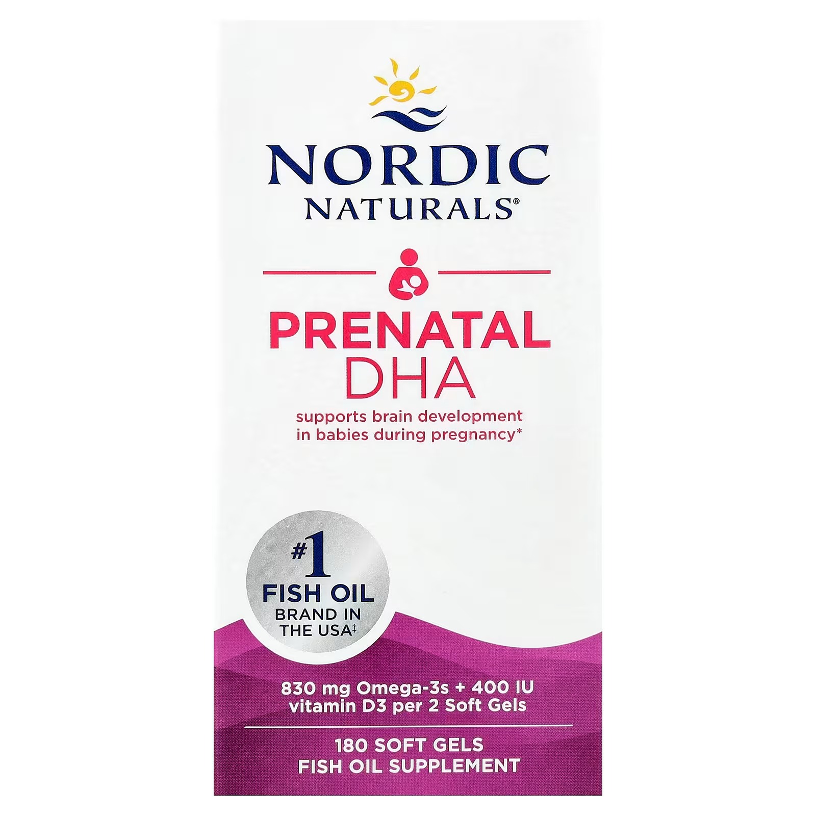 Nordic Naturals Prenatal DHA, Unflavored- 830 mg Omega-3 + 400 IU Vitamin D3 - Supports Brain Development in Babies During Pregnan 180 Softgelcy & Lactation