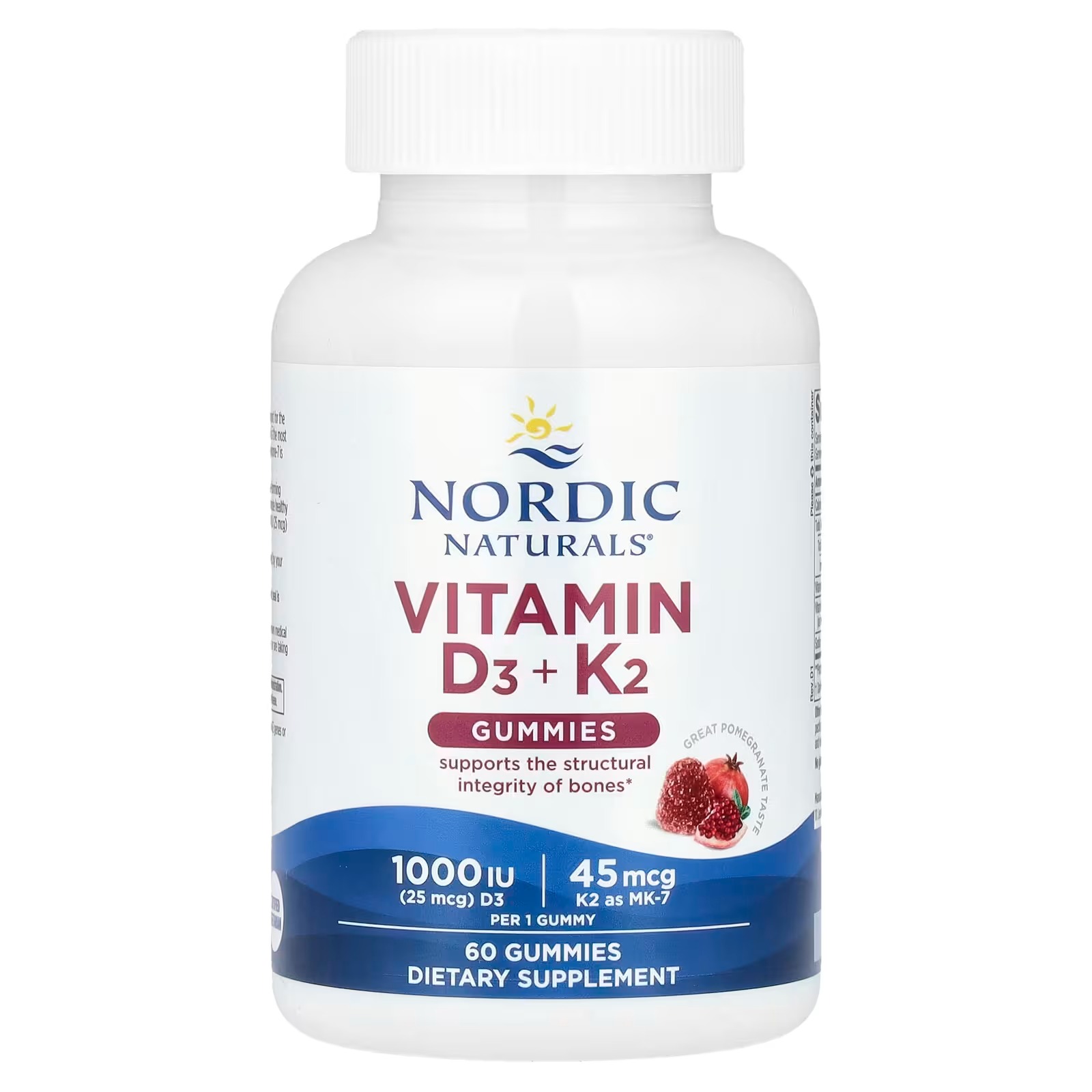 Nordic Naturals Vitamin D3+K2 Gummies Pomegranate| 1000 IU Vitamin D3 + 45 mcg K2 per gummy supports bone health and muscle function 60 Gummies