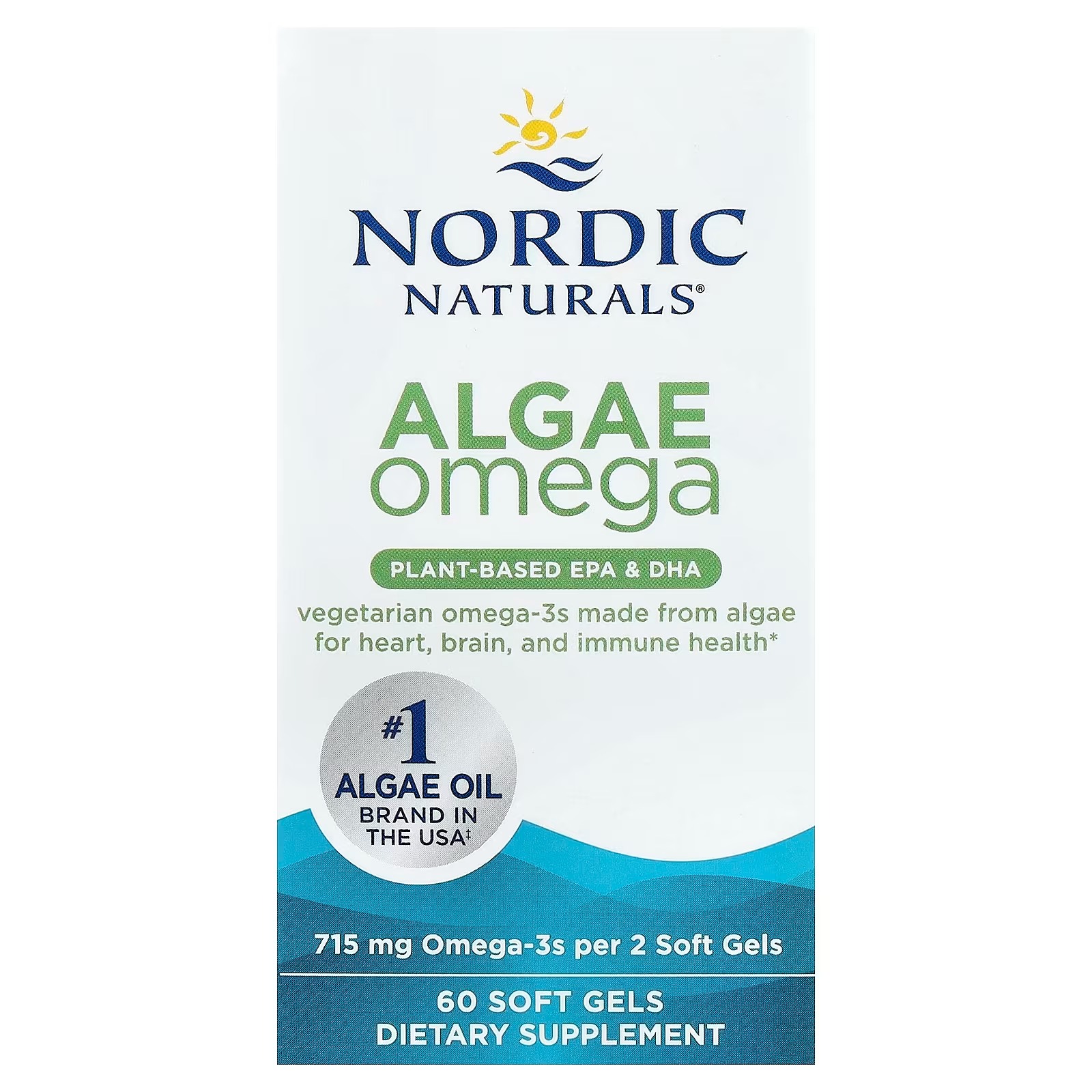 Nordic Naturals Algae Omega - 60 Soft Gels - 715 mg Omega-3 - Certified Vegan Algae Oil - Plant-Based EPA & DHA - Heart Eye, Immune & Brain Health