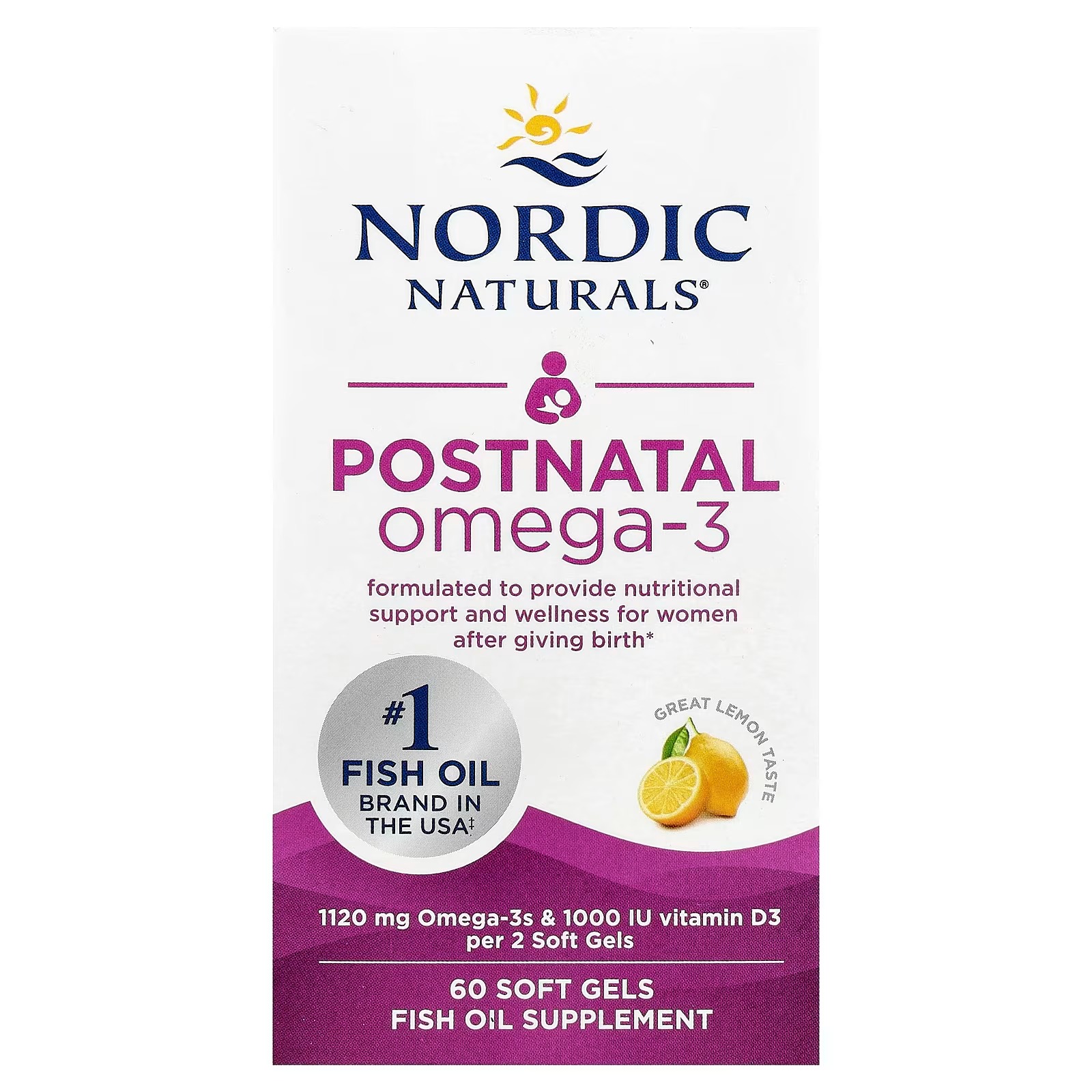 Nordic Naturals Postnatal Omega-3 1120mg EPA & DHA+1000IU D3-60 Count | Formulated for new moms Supports optimal wellness, positive mood