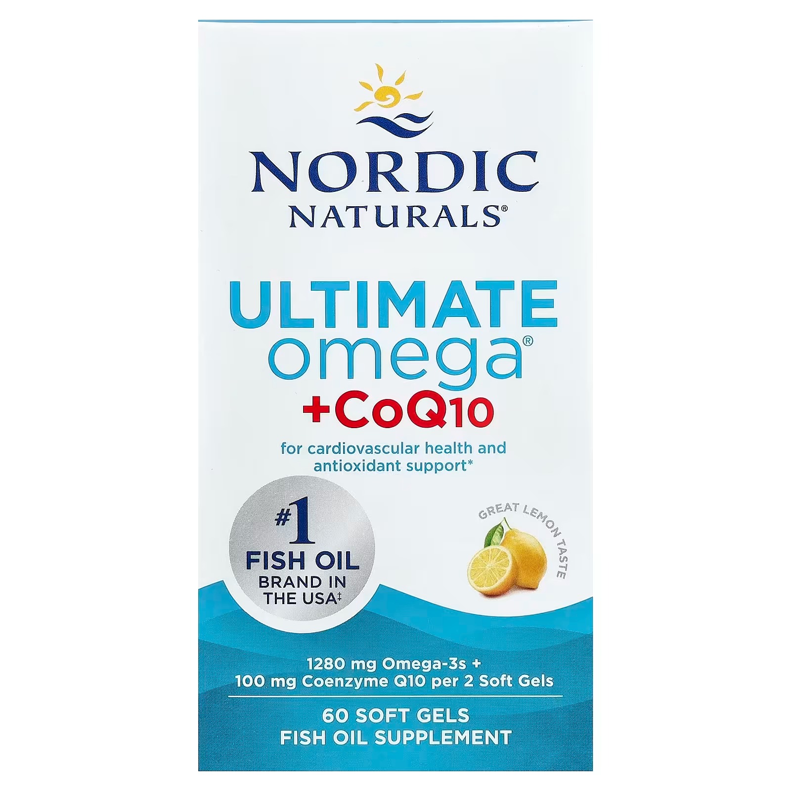 Nordic Naturals Ultimate Omega + CoQ10 Lemon - 60 Soft Gels - 1280 mg Omega-3 + 100 mg CoQ10 - Heart Health Cellular Energy, Antioxidant Support