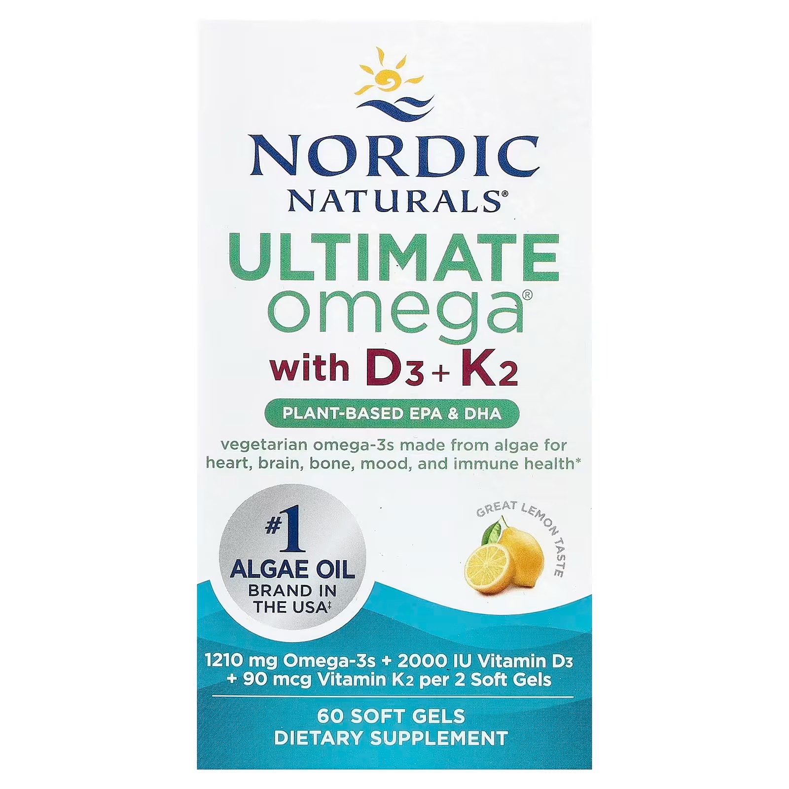 Nordic Naturals Plant-Based Omega-3 D3+K2 1210mg,Vegan Softgels - 60 Count