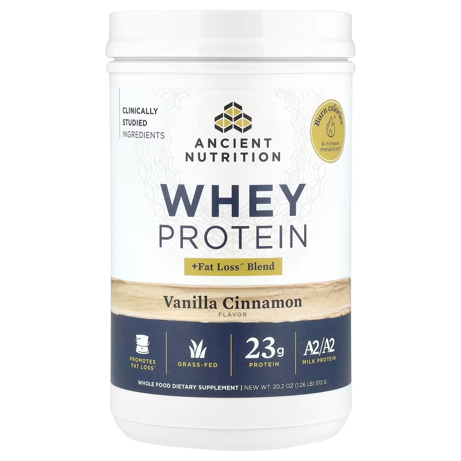 Ancient Nutrition Grass-Fed Whey Protein + Fat Loss Blend – Vanilla Cinnamon, Protein Supplement