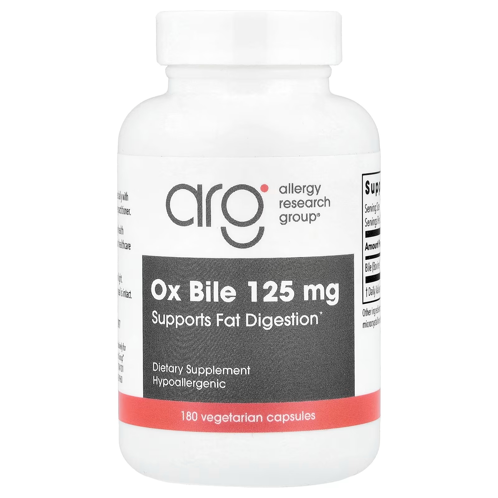 Allergy Research Group Ox Bile 125 mg 180 Vegetarian Capsules – Digestive Support & Bile Salts Supplement for Daily Wellness