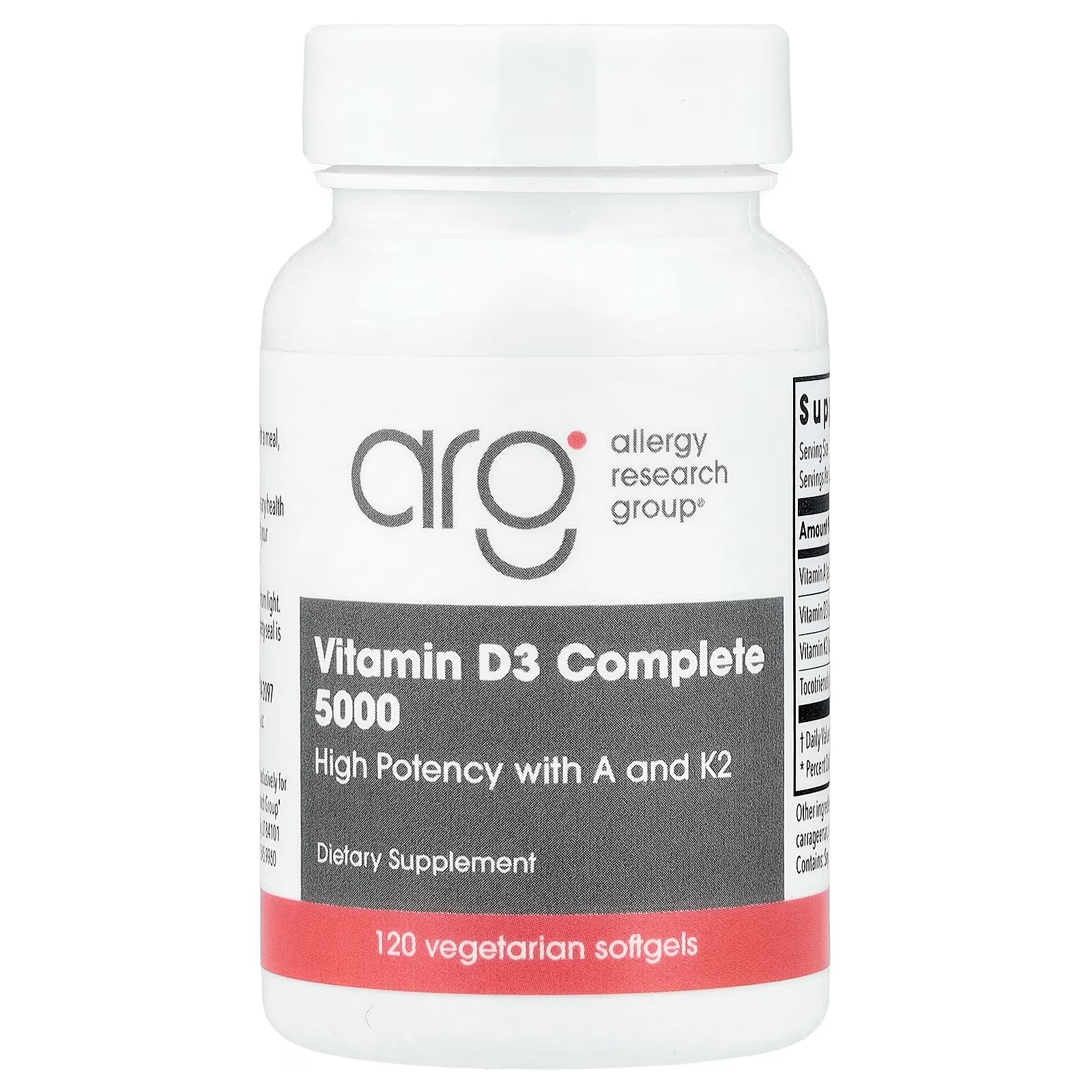 Allergy Research Group Vitamin D3 Complete 5000 IU 120 Vegetarian Softgels – High Potency Vitamin D Supplement for Bone & Immune Support