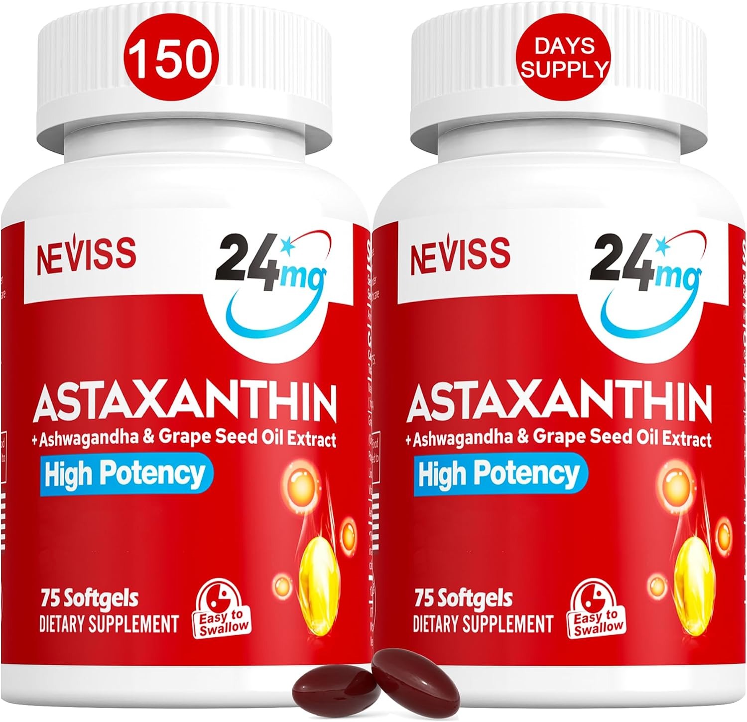 Astaxanthin 24mg 150 Softgels with Coconut MCT & Grape Seed Oil