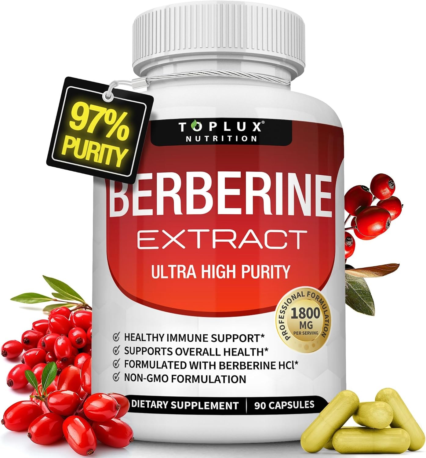 Toplux Berberine 1800mg HCL 97% High Purity Premium Supplement