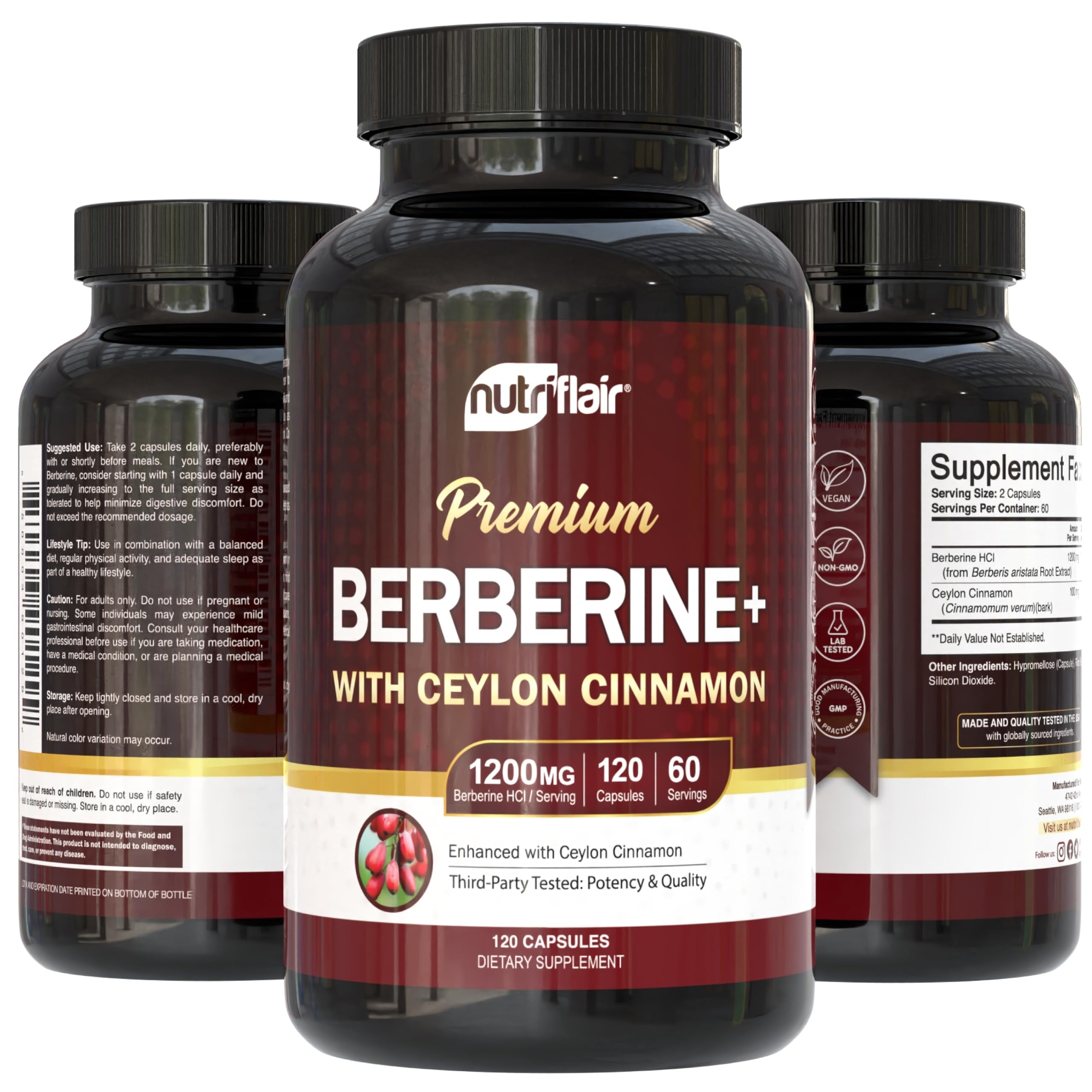NutriFlair Berberine HCl 1200mg with Ceylon Cinnamon | 120 Capsules