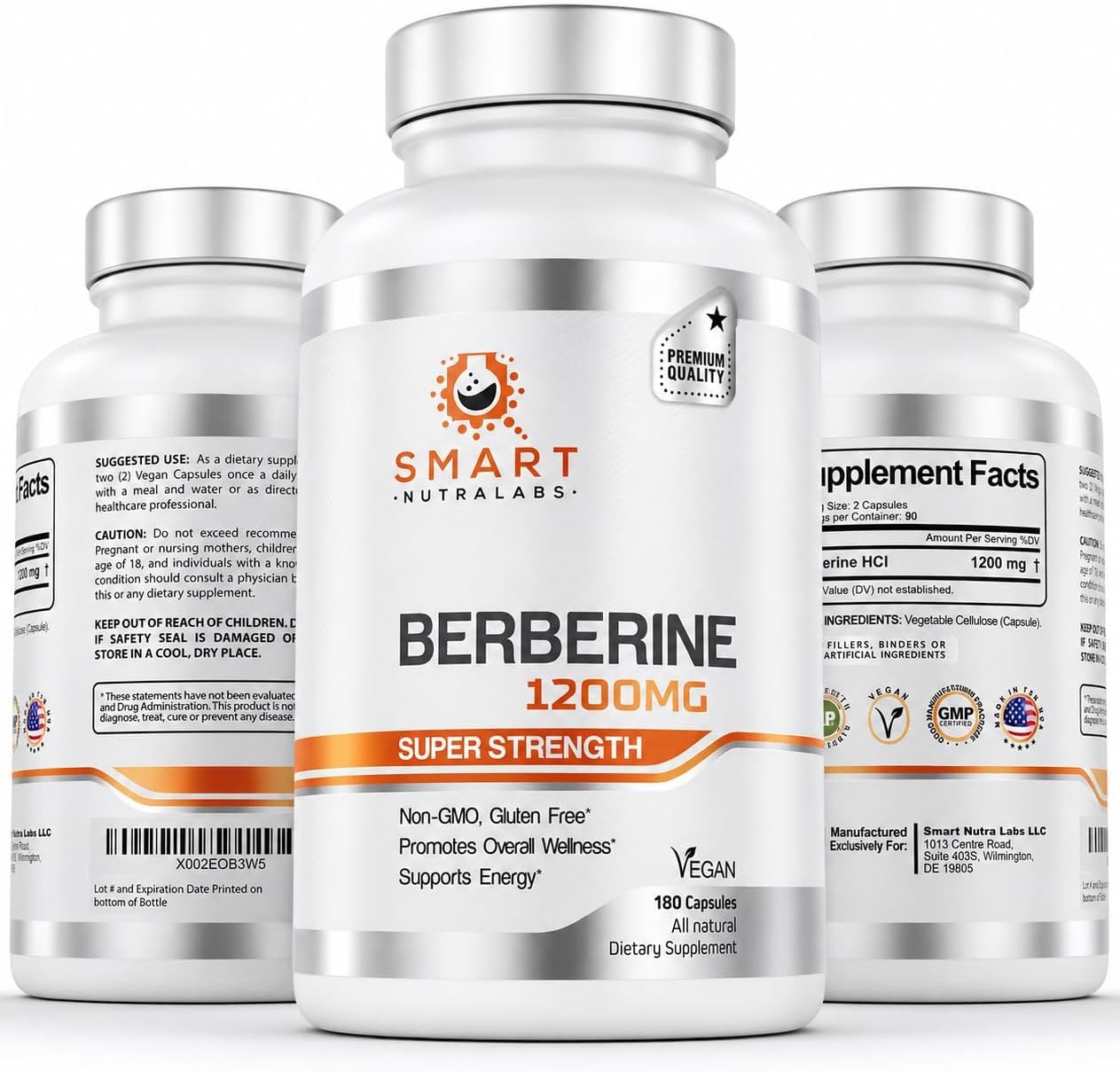 Smart Nutra Labs Pure Berberine HCL 1200mg | 180 Vegan Capsules