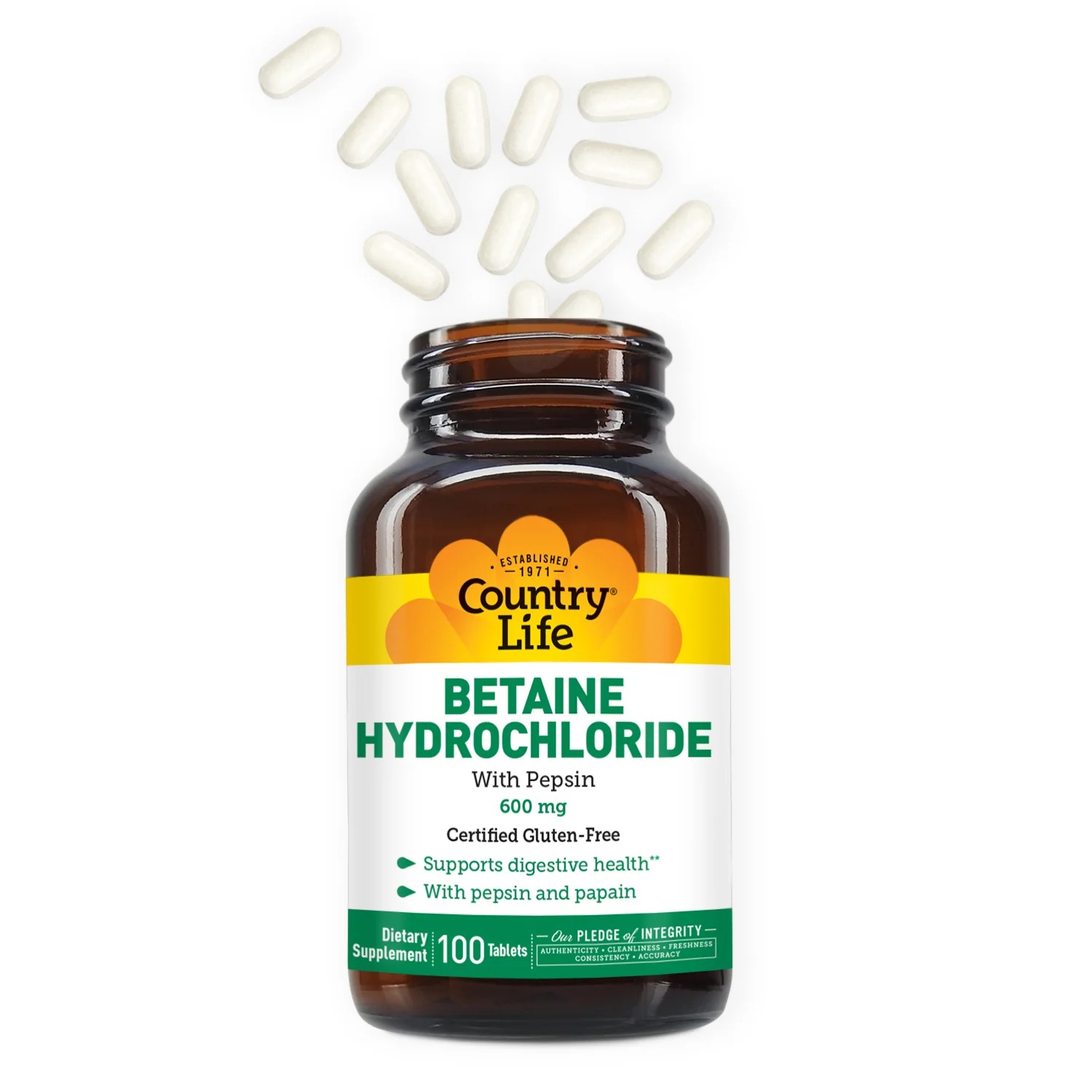 Country Life Betaine Hydrochloride with Pepsin 600mg | 250 Tablets