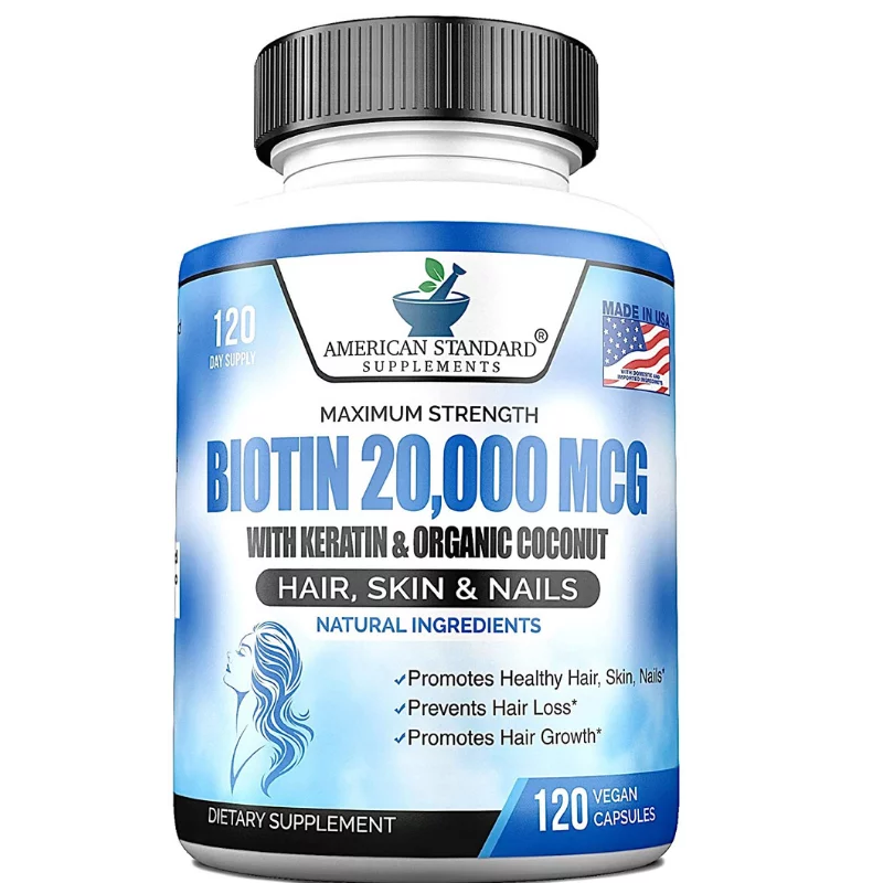 American Standard Biotin 20,000mcg with Keratin, Coconut & Zinc | 120 Vegan Capsules
