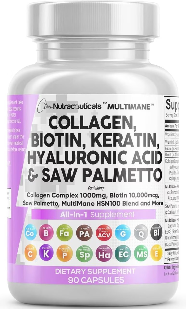 Clean Nutraceuticals Collagen Pills 1000mg | Biotin 10000mcg & Keratin | 90 Count