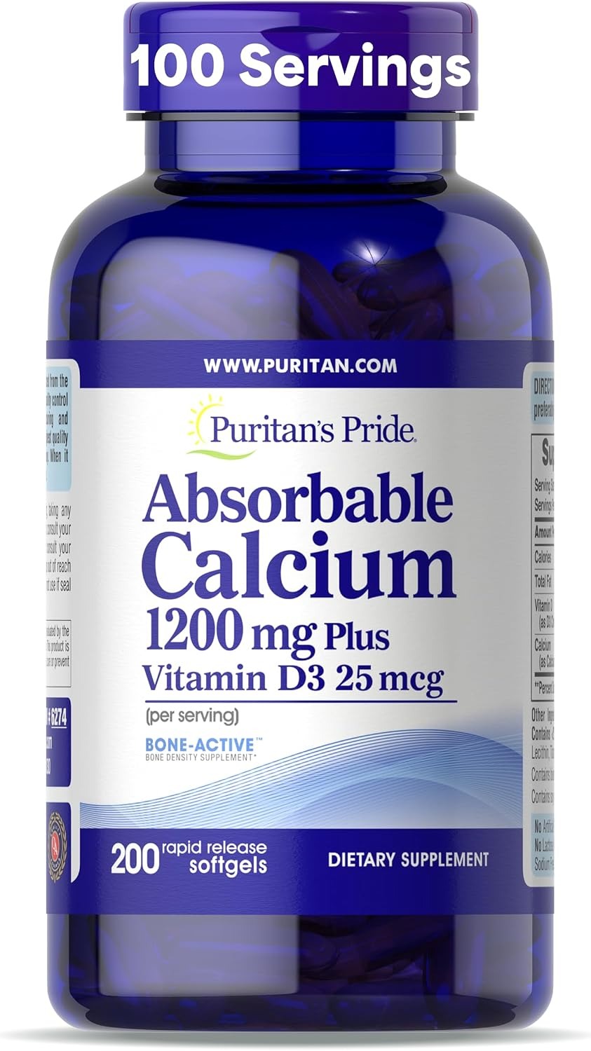 Puritan's Pride Absorbable Calcium with Vitamin D3 | 1,200mg | 200 Softgels
