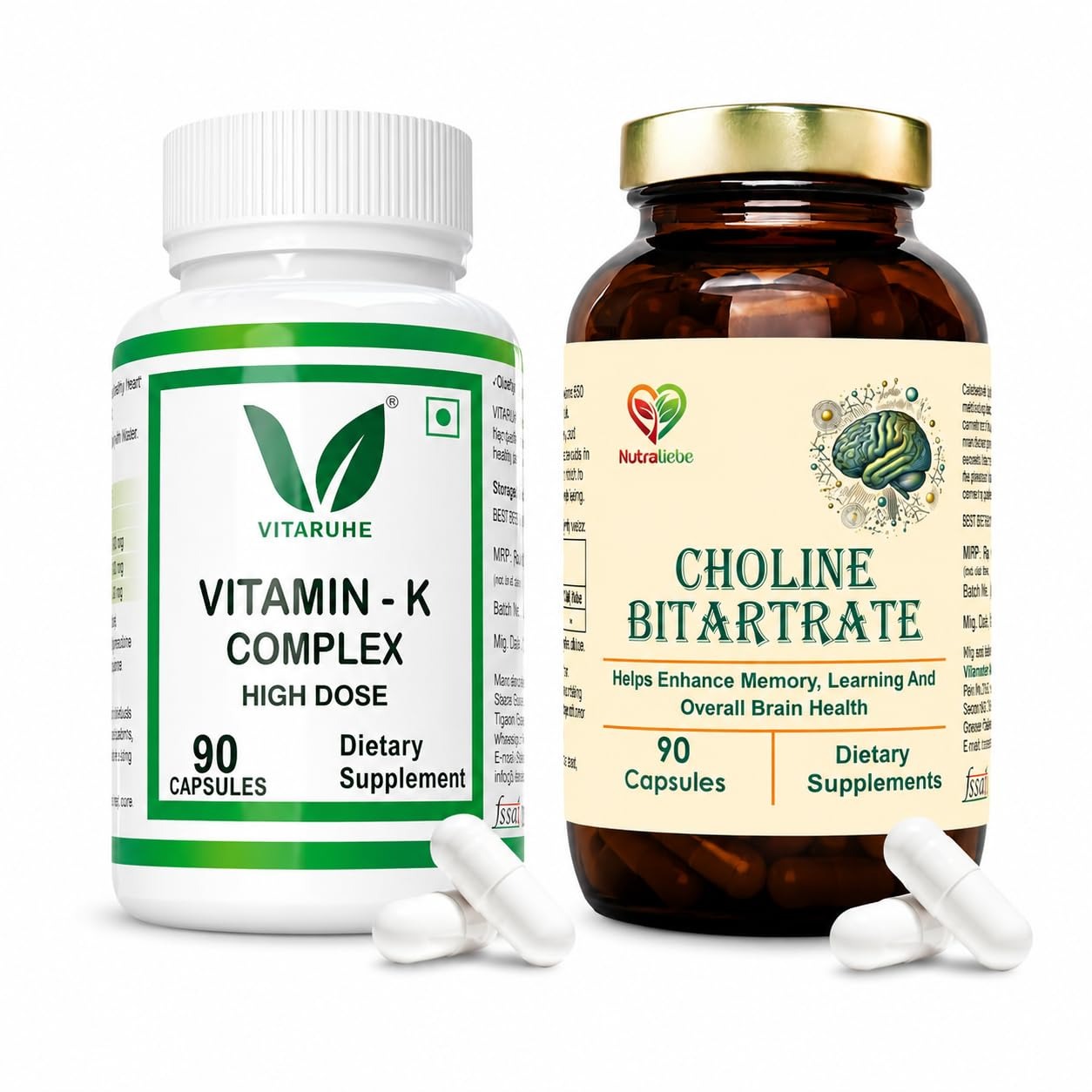 Vitaruhe Vitamin K Complex + NutraLiebe Choline Bitartrate Bundle | 90 Capsules Each