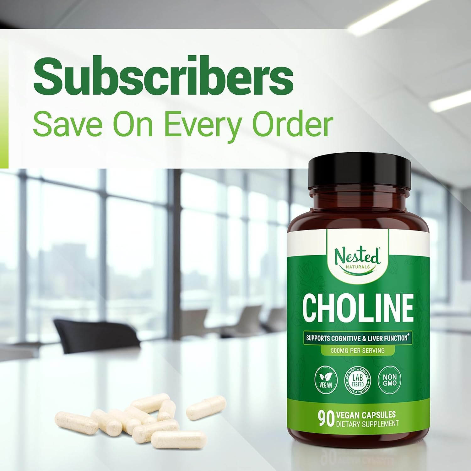 Nested Naturals Choline Bitartrate 500mg | Vegan & Non-GMO | 90 Capsules