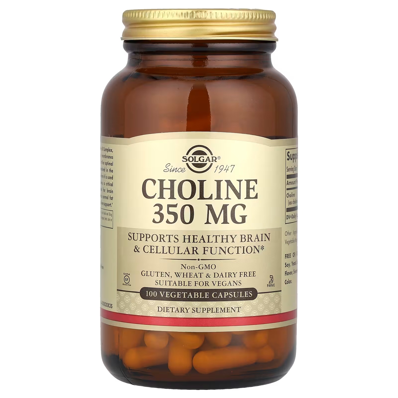 Solgar Choline 350mg Vegetable Capsules | Daily Choline Supplement | 100 Count