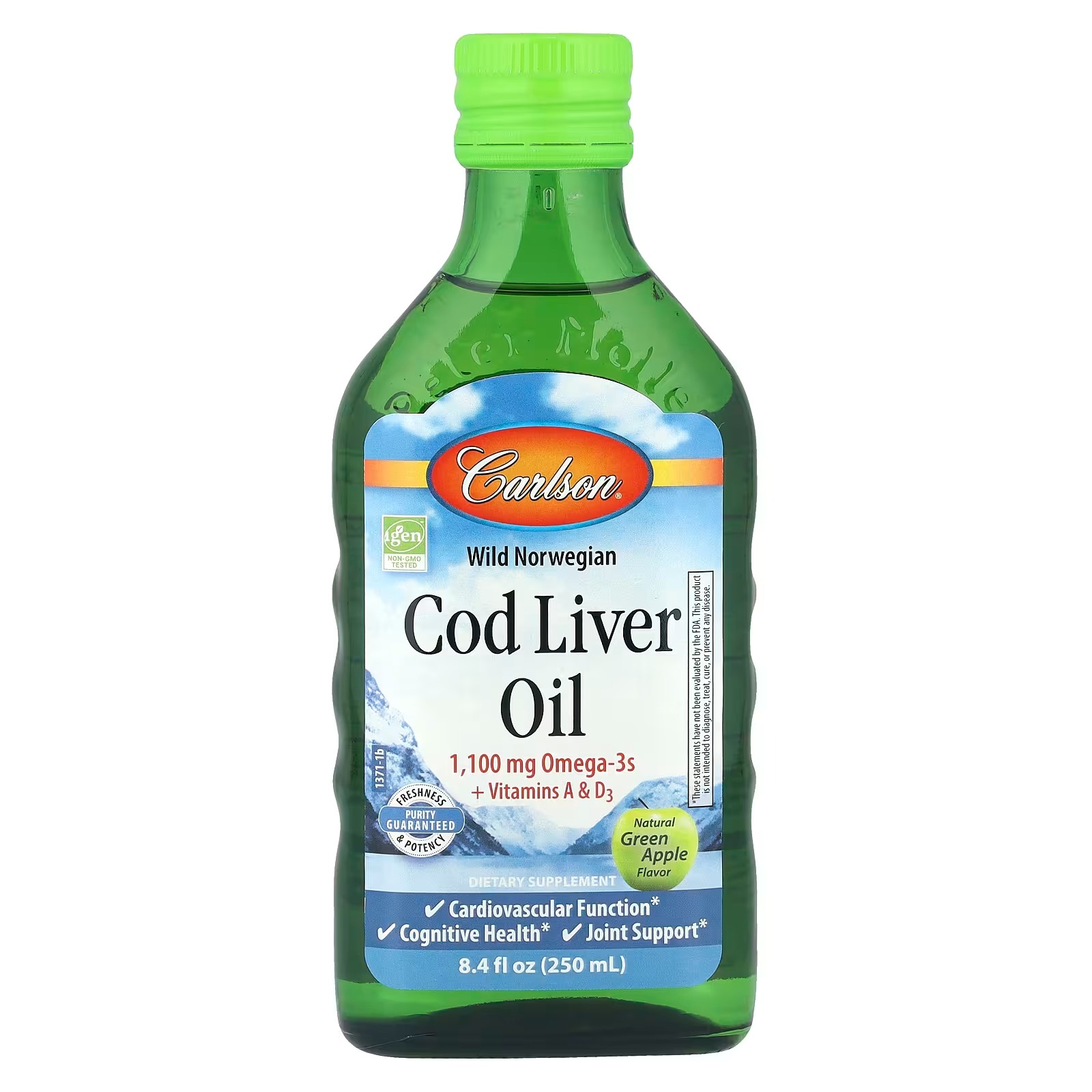 Carlson Cod Liver Oil 1,100mg | Natural Green Apple Flavor | 8.4 fl oz