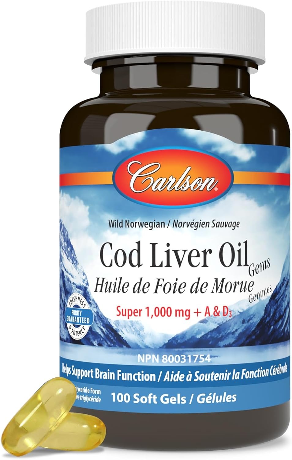 Carlson Cod Liver Oil Gems 1000mg | 250mg Omega-3 + Vitamins A & D3 | 100 Softgels