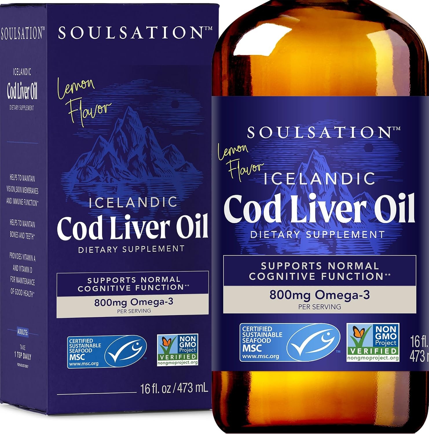 SOULSATION Icelandic Cod Liver Oil Liquid | Lemon | 16 oz | Vitamins A & D