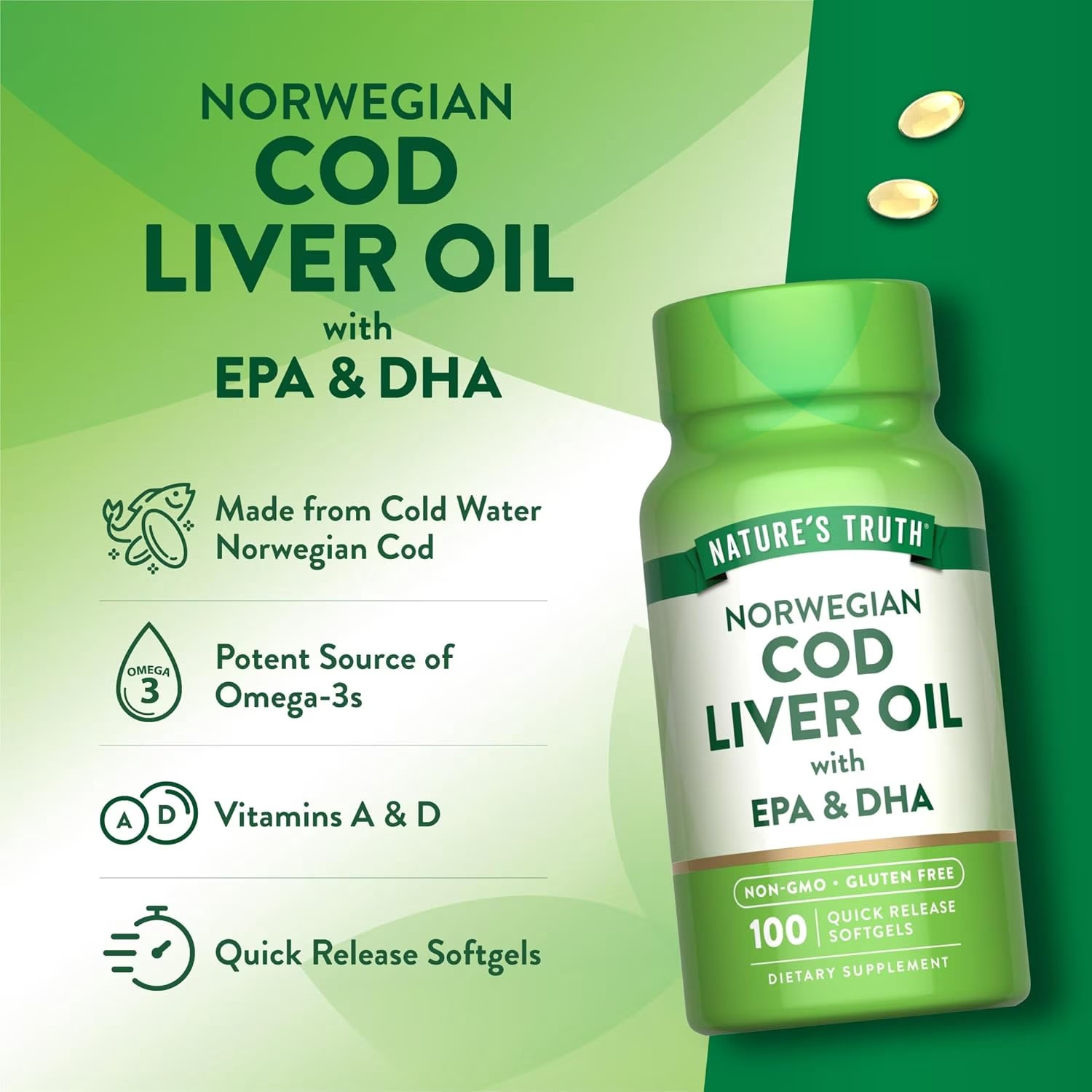 Nature's Truth Norwegian Cod Liver Oil | EPA & DHA | 100 Softgels
