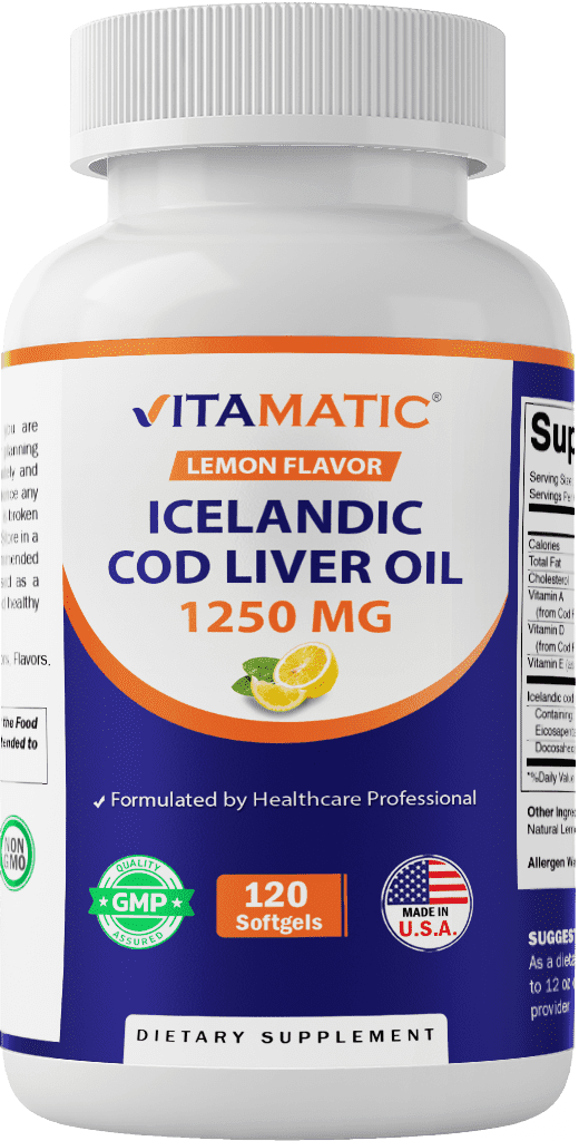 Vitamatic Cod Liver Oil 1250mg | Icelandic Fish Oil | Lemon | 120 Count