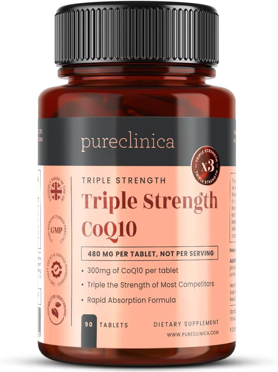PureClinica Fermented CoQ10 300mg | Vitamin C & Black Pepper | 90 Tablets