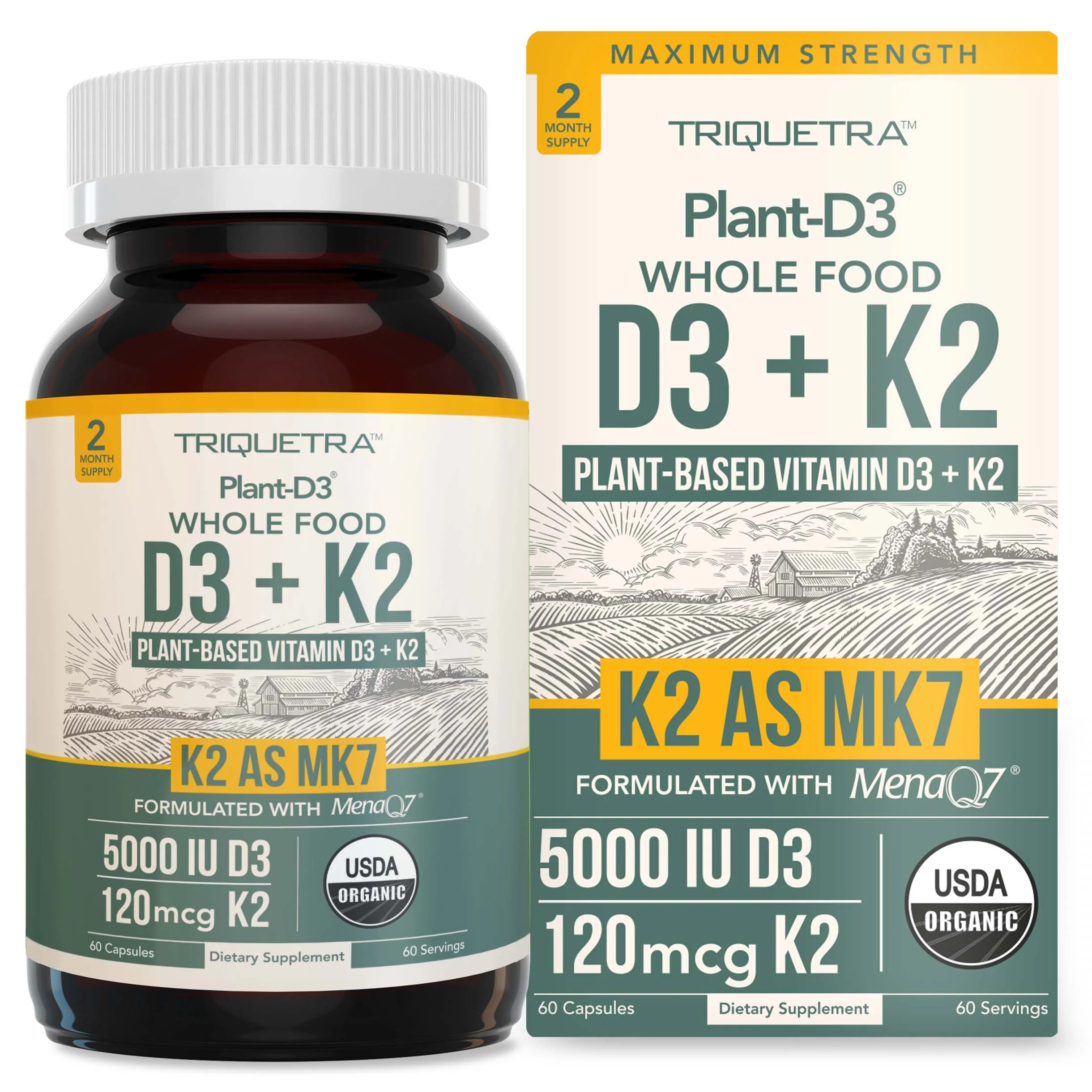 Organic Plant D3 + K2 | 5000 IU Vitamin D3 + 120mcg K2 | Vegan