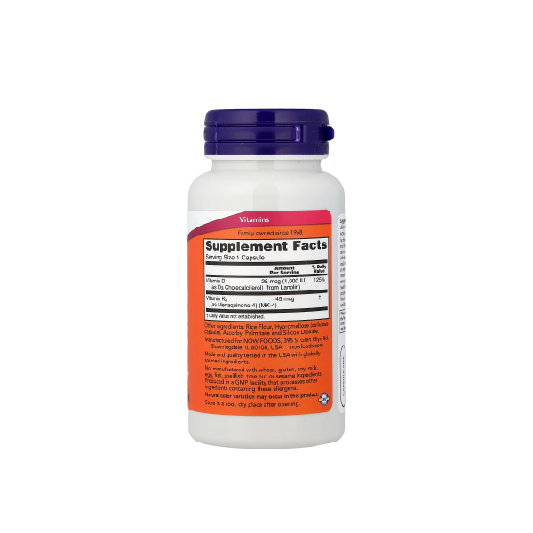 NOW Foods Vitamin D3 & K2 Supports Bone Health Plus Cardiovascular Support 120 Capsules thumbnail 2