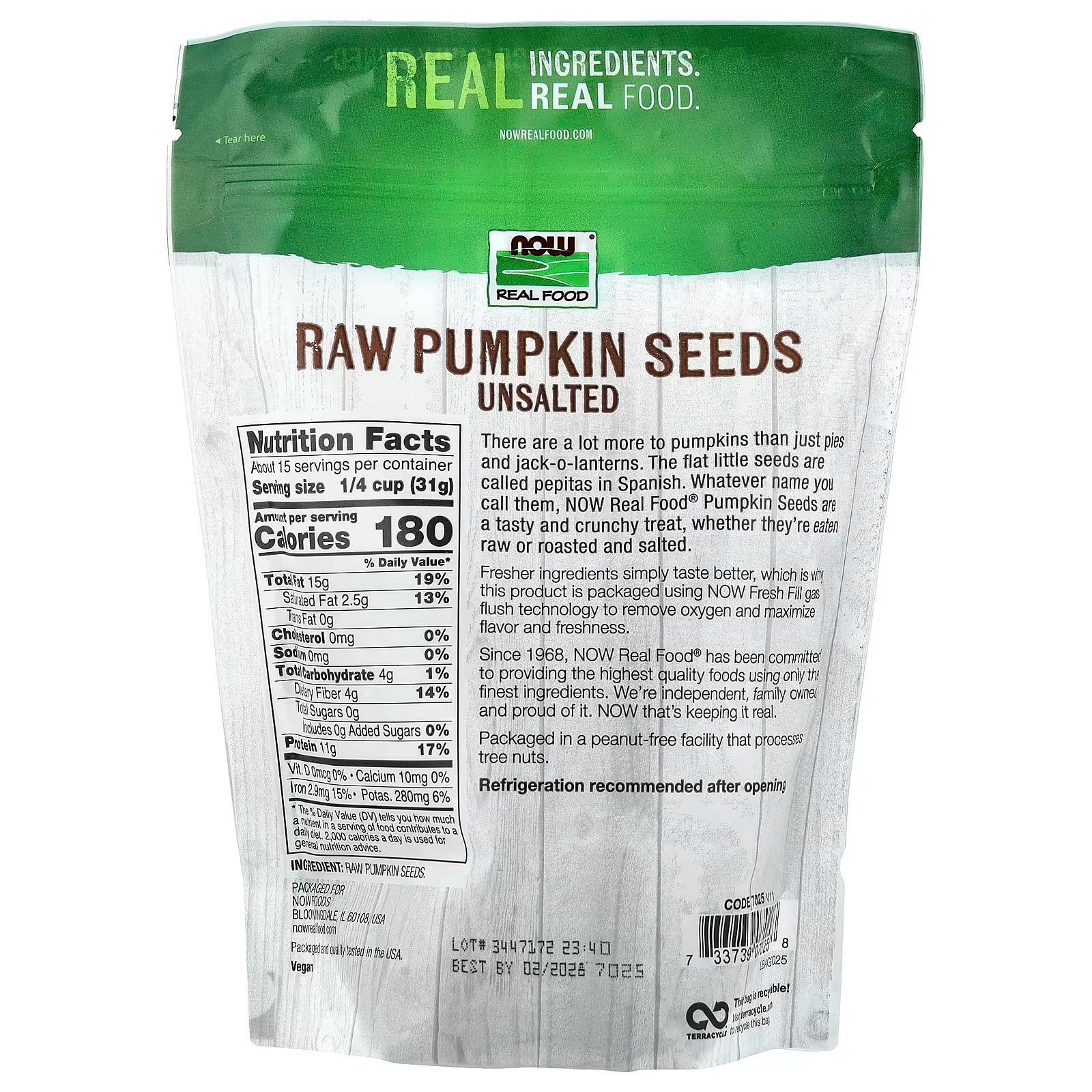 NOW Foods Real Food Raw Pumpkin Seeds Unsalted 454 g thumbnail 2