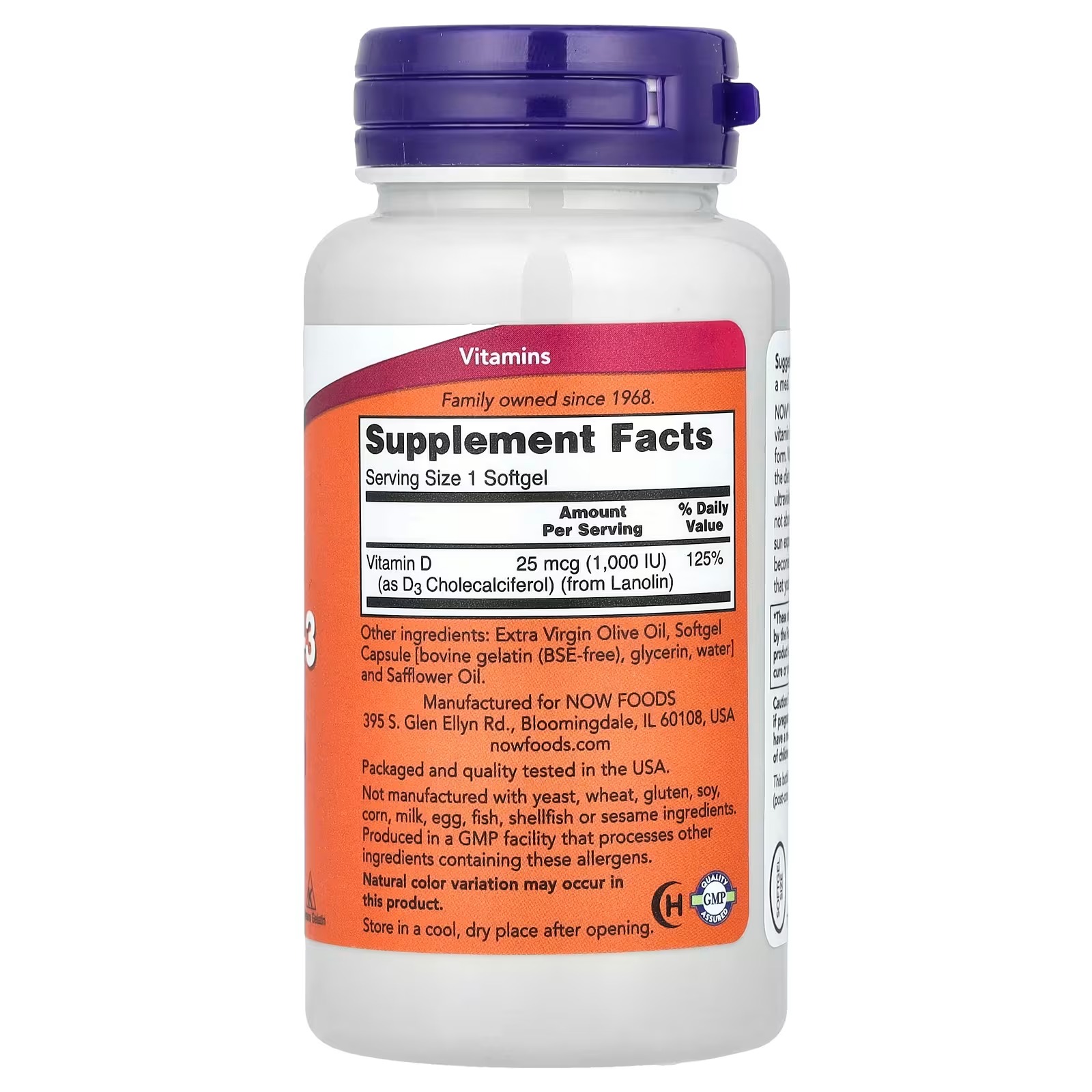NOW Foods Vitamin D-3 High Potency 1,000 IU 180 Softgels thumbnail 2