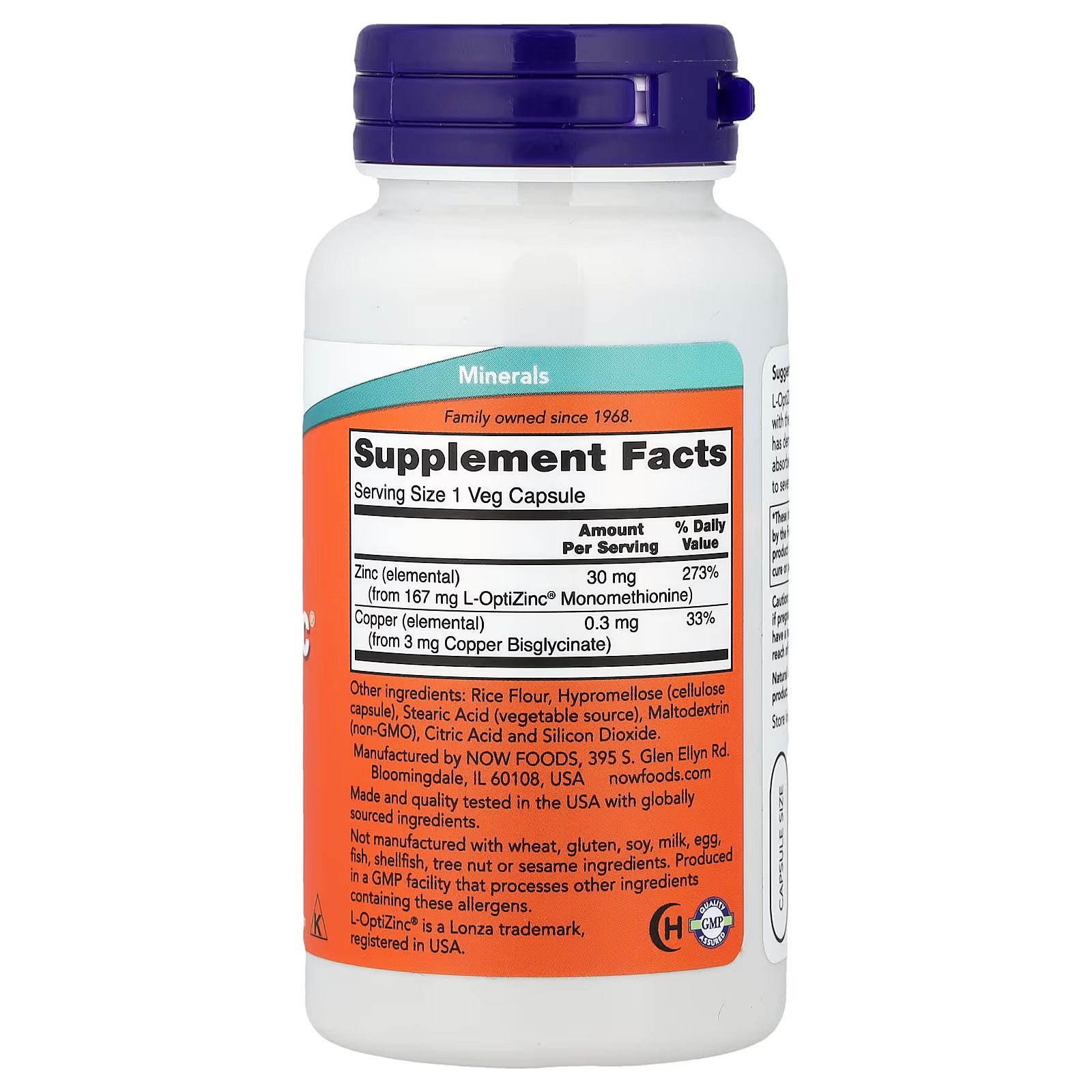 NOW Foods L-OptiZinc® Highly Bioavailable Form 100 Capsules thumbnail 2