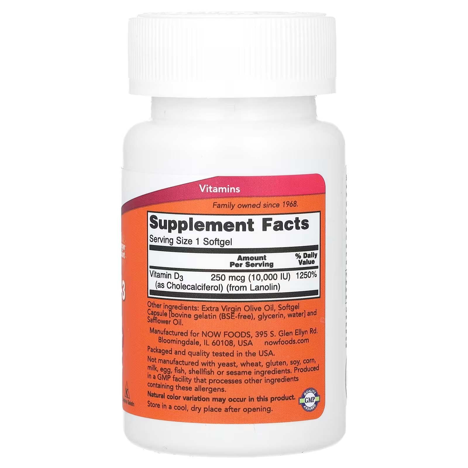 NOW Foods Vitamin D-3 High Potency 10,000 IU High Potency 240 Softgels thumbnail 2
