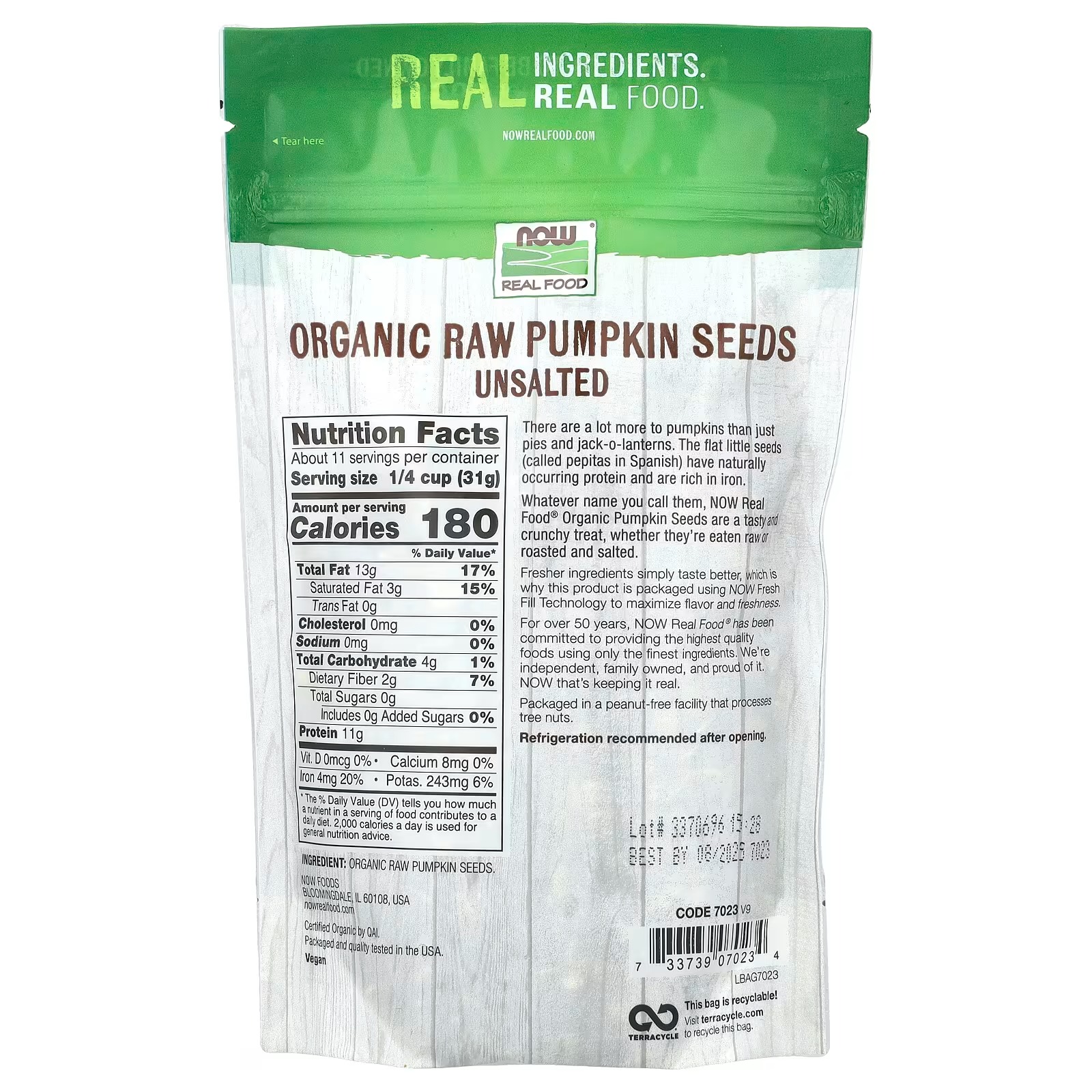 NOW Foods Organic Raw Pumpkin Seeds Unsalted Essential Fatty Acids 340 g thumbnail 2