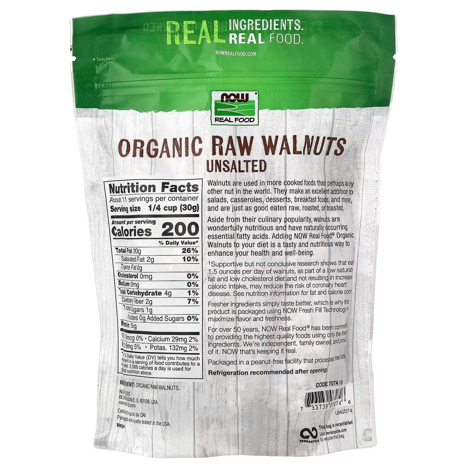 NOW Foods Real Food Organic Raw Walnuts Unsalted 340 g thumbnail 2
