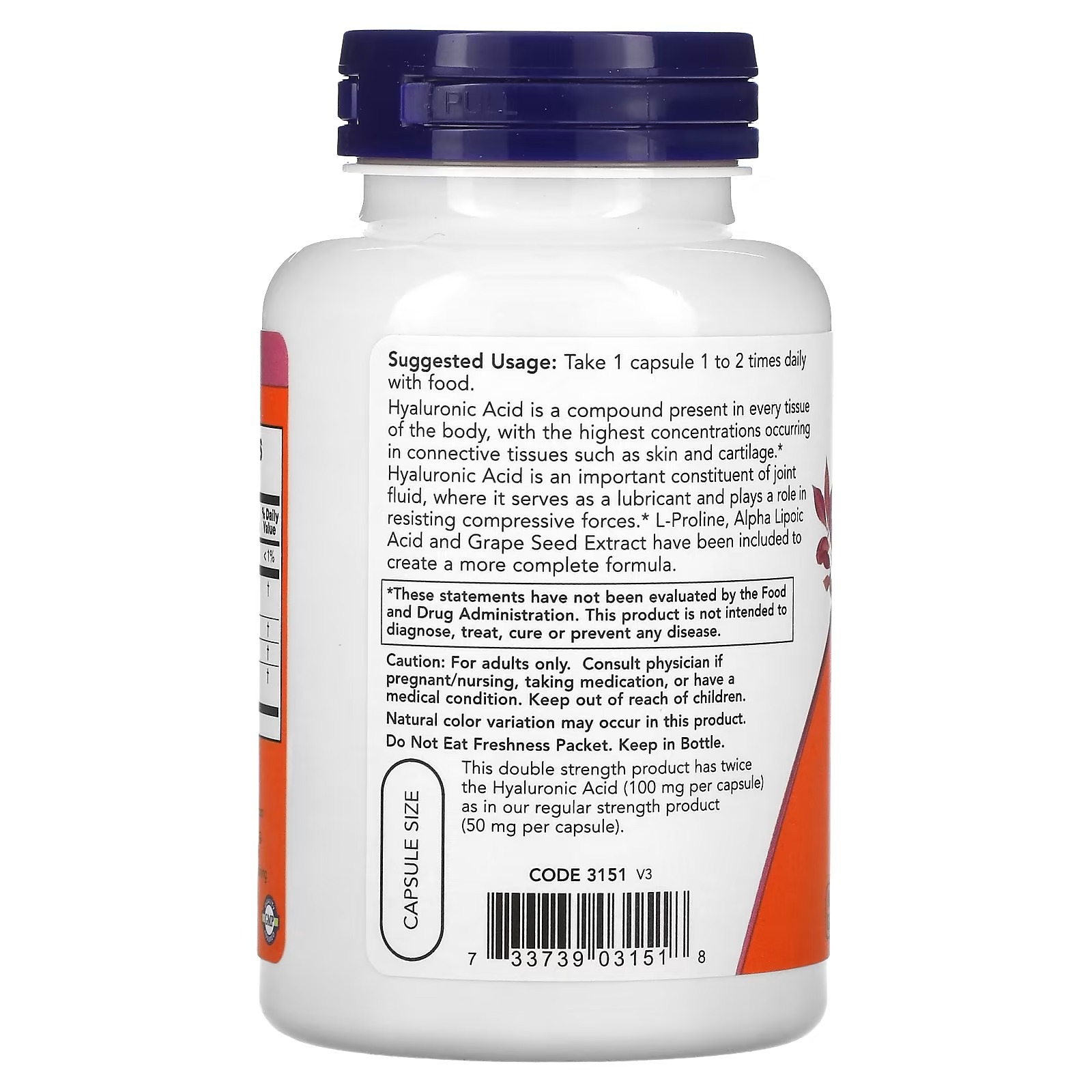 NOW Foods Hyaluronic Acid Grape Seed Extract 100 mg 120  Capsules thumbnail 2