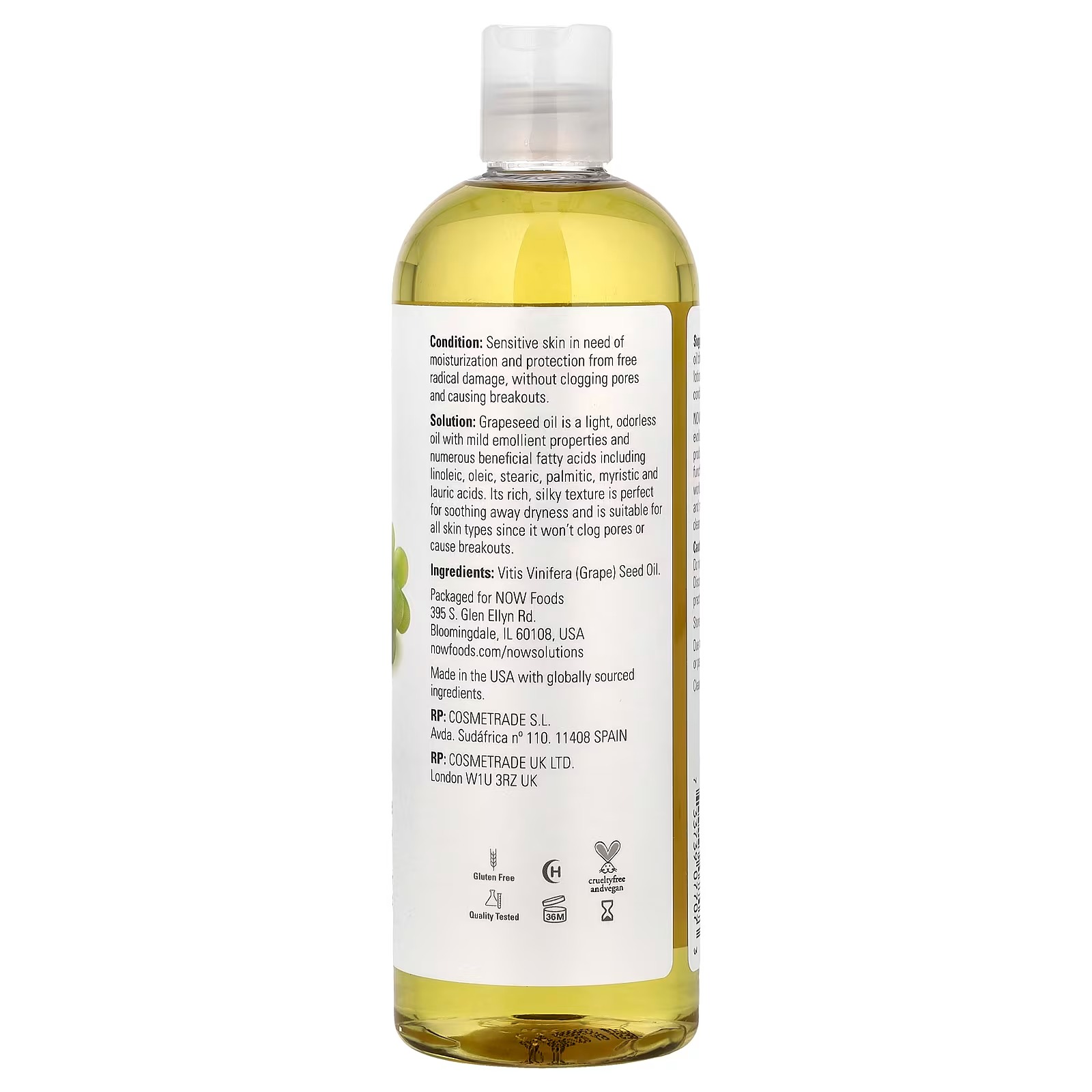 NOW Foods Solutions Grapeseed Oil Pure Sensitive Skin Care 473 ml thumbnail 2