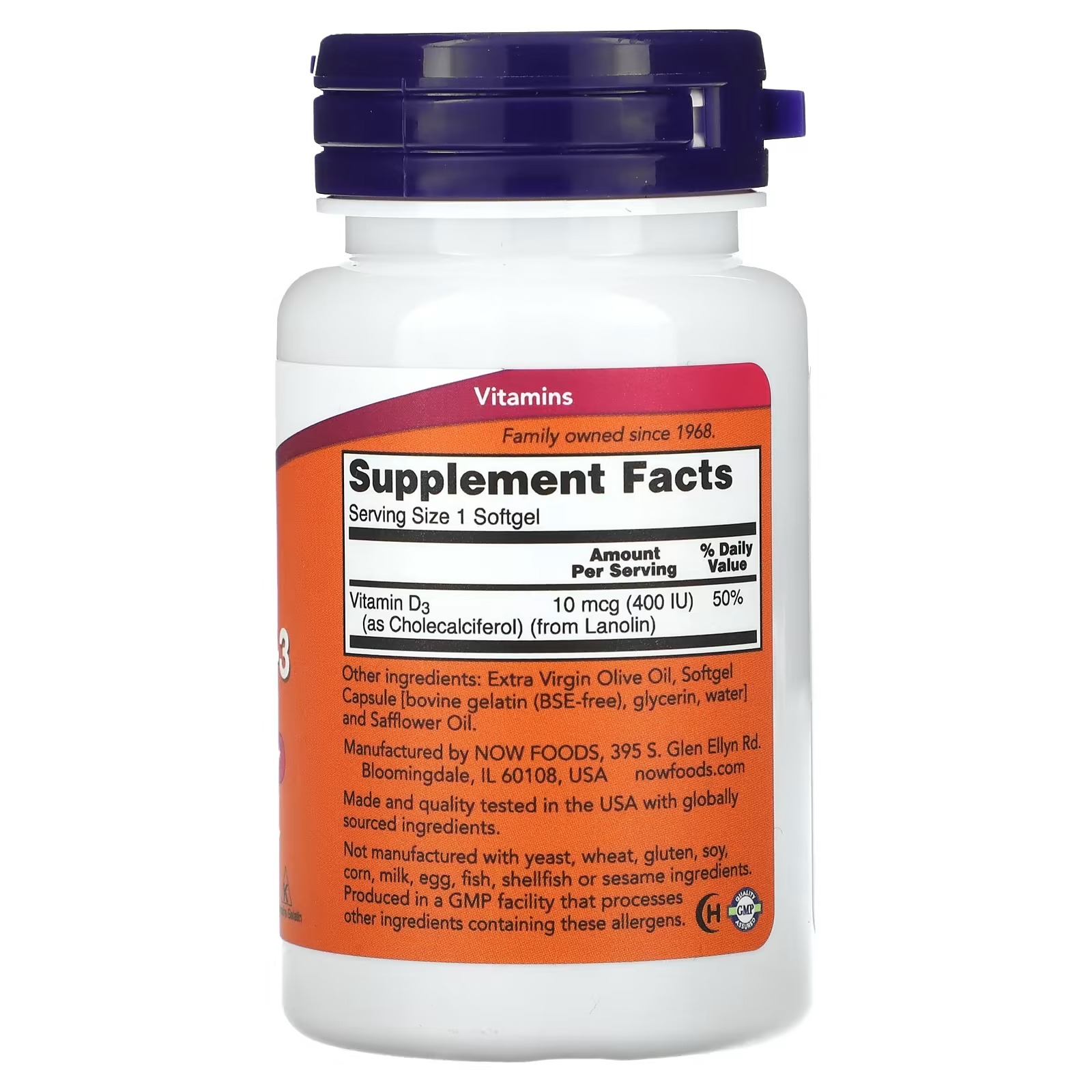 NOW Foods Vitamin D-3 400 IU Bone & Immune Health 180 Softgels thumbnail 2