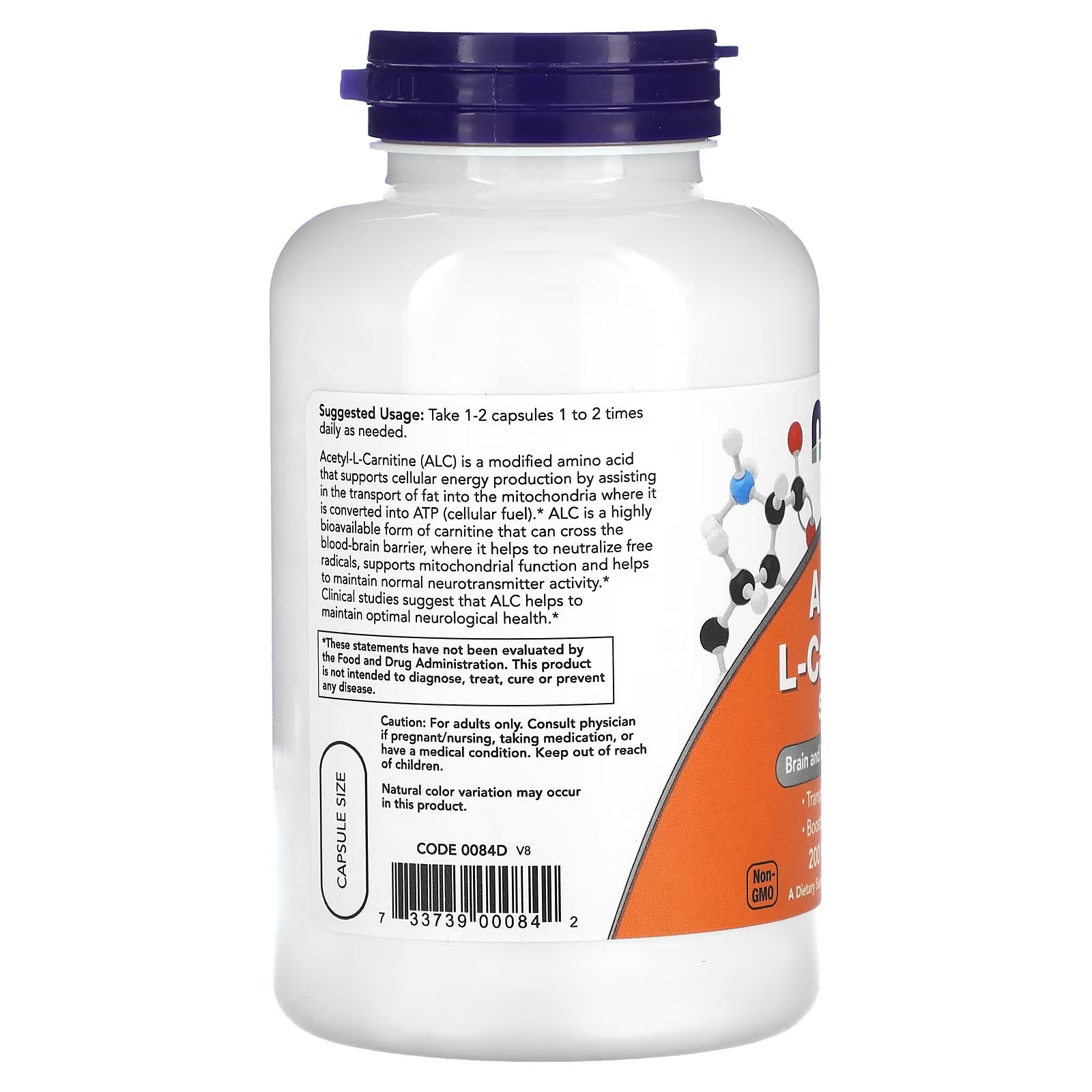 NOW Foods Acetyl-L-Carnitine 500 mg Brain and Nerve Cell Function 200 Capsules thumbnail 2