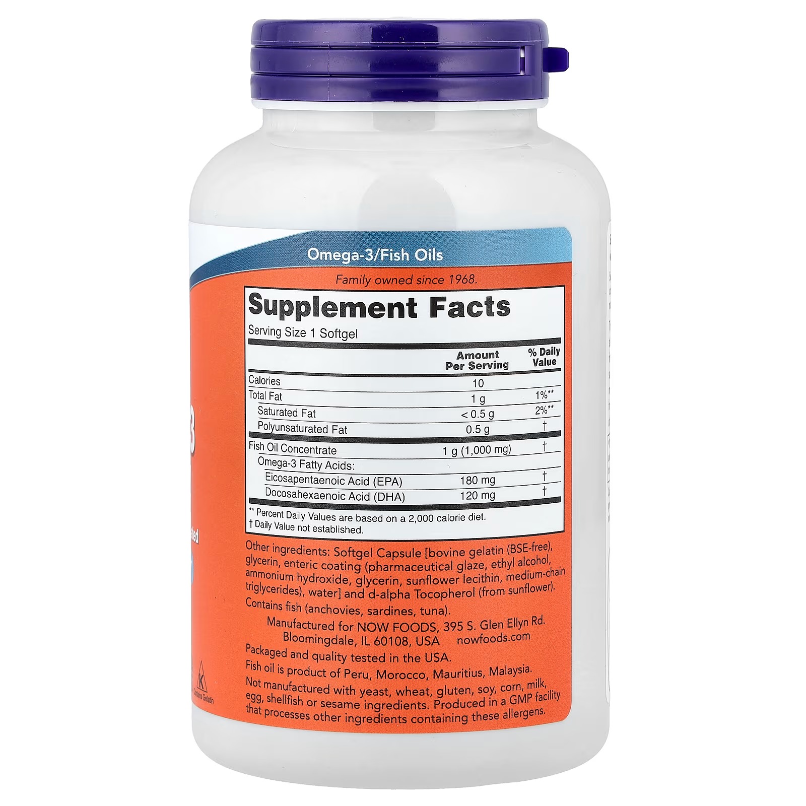 NOW Foods Omega-3 Fish Odor Controlled - Enteric Coated Oil 180 Softgels thumbnail 2
