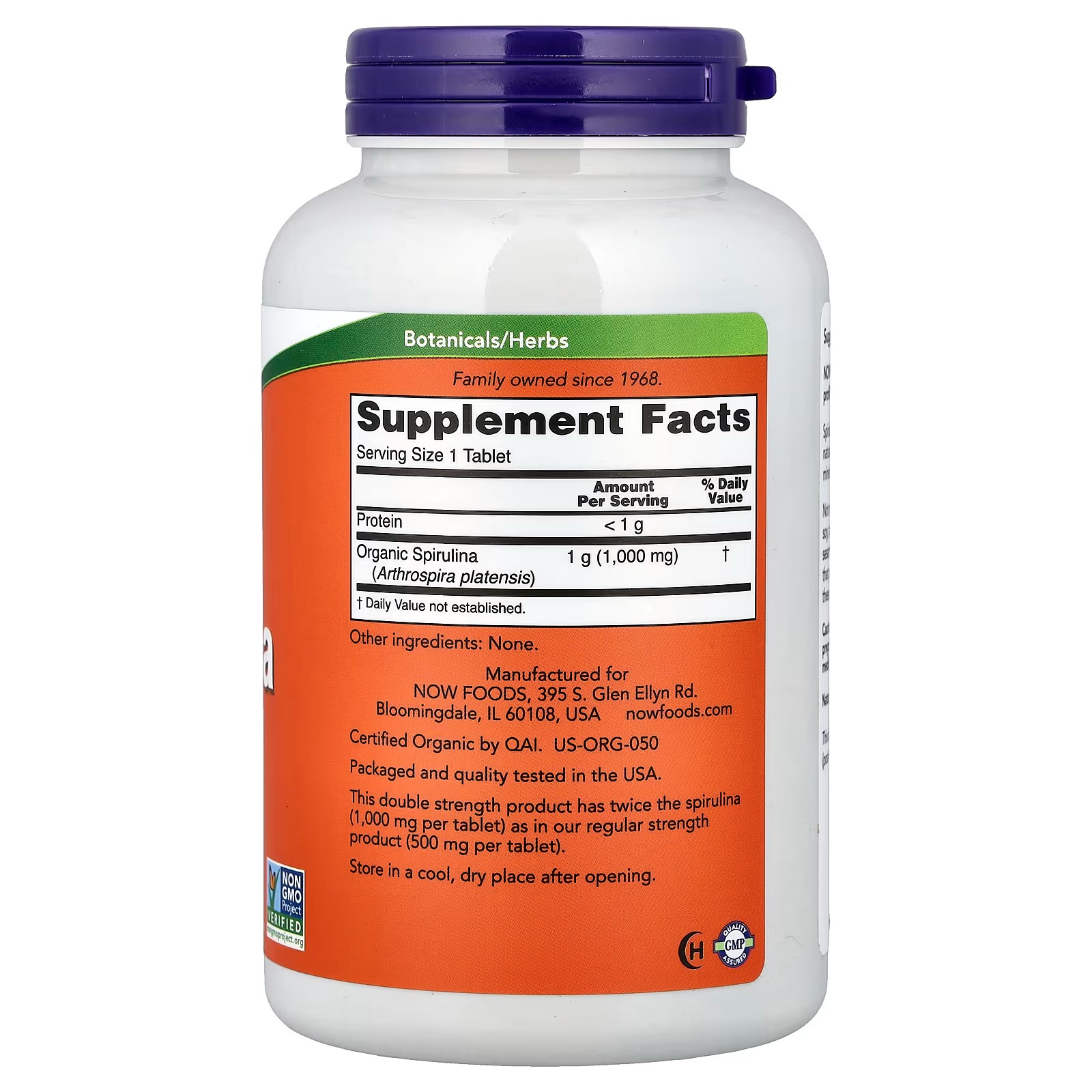 NOW Foods Certified Organic Spirulina 1,000 mg Double Strength 240 Tablets thumbnail 2