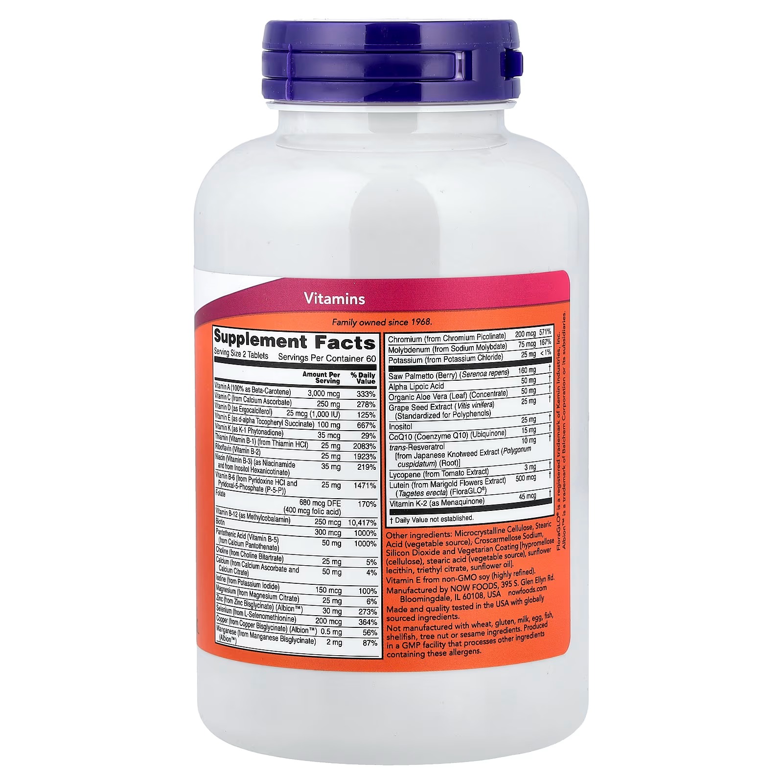 NOW Foods ADAM™ Superior Men's Multi Plus Resveratrol & Grape Seed Extract 120 Tablets thumbnail 2